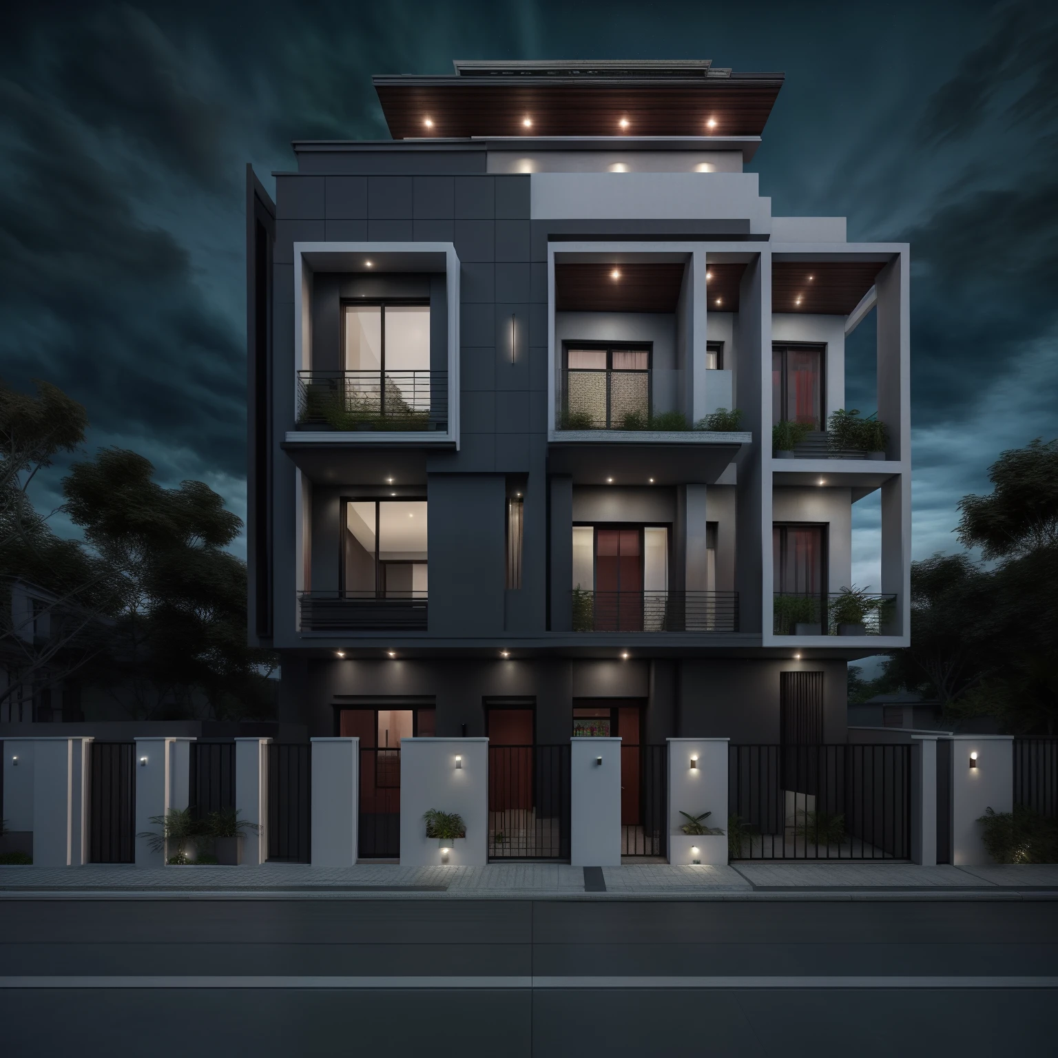 2 storey townhouse, traditional style house, 
ultra realistic, masterpiece, hight quality, best quality, raw photo, dark sky, dark night, dark theme,