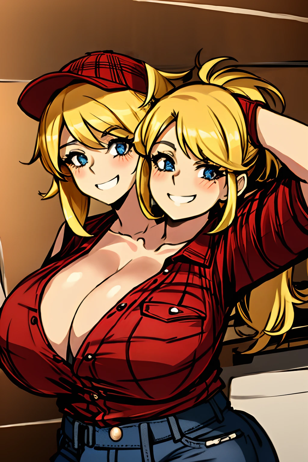 2heads, a short chubby woman with 2 heads. She has enormous breasts. She is wearing a red plaid flannel shirt and jeans. She is wearing a trucker's hat. She is in a big truck. She has blonde hair in a ponytail. She has gigantic breasts. She is blushing. She is smiling wide.