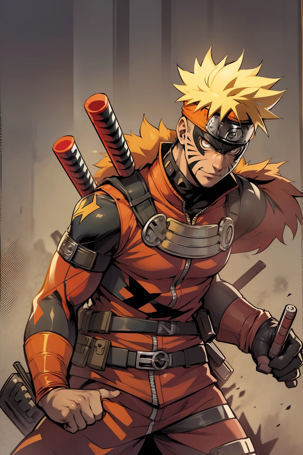 Naruto merge Deadpool, The vibrant ninja with Merc's irreverent attitude and sarcastic humor with a mouthful.