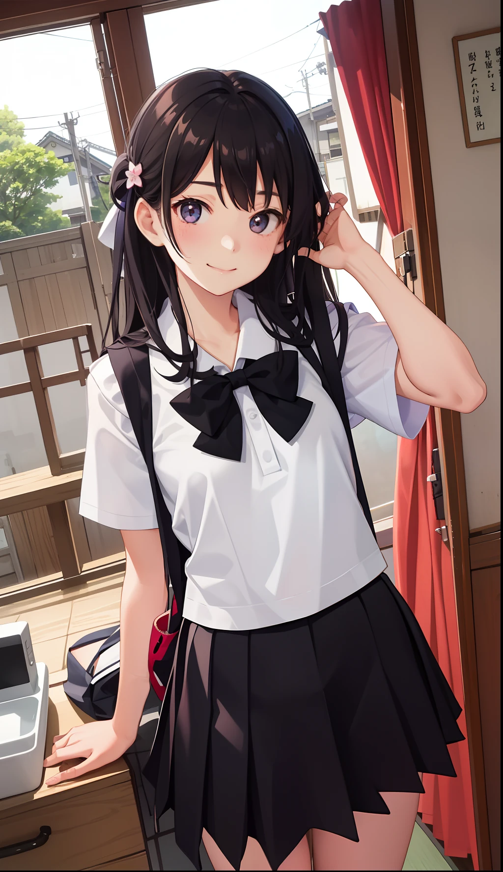 1girl in、A smile、The shirt、skirt by the、(small tits)Chilarism、Japan High School Student Uniform、serafuku、summer clothing、Apron、Help with household chores、Upper body portrait、、