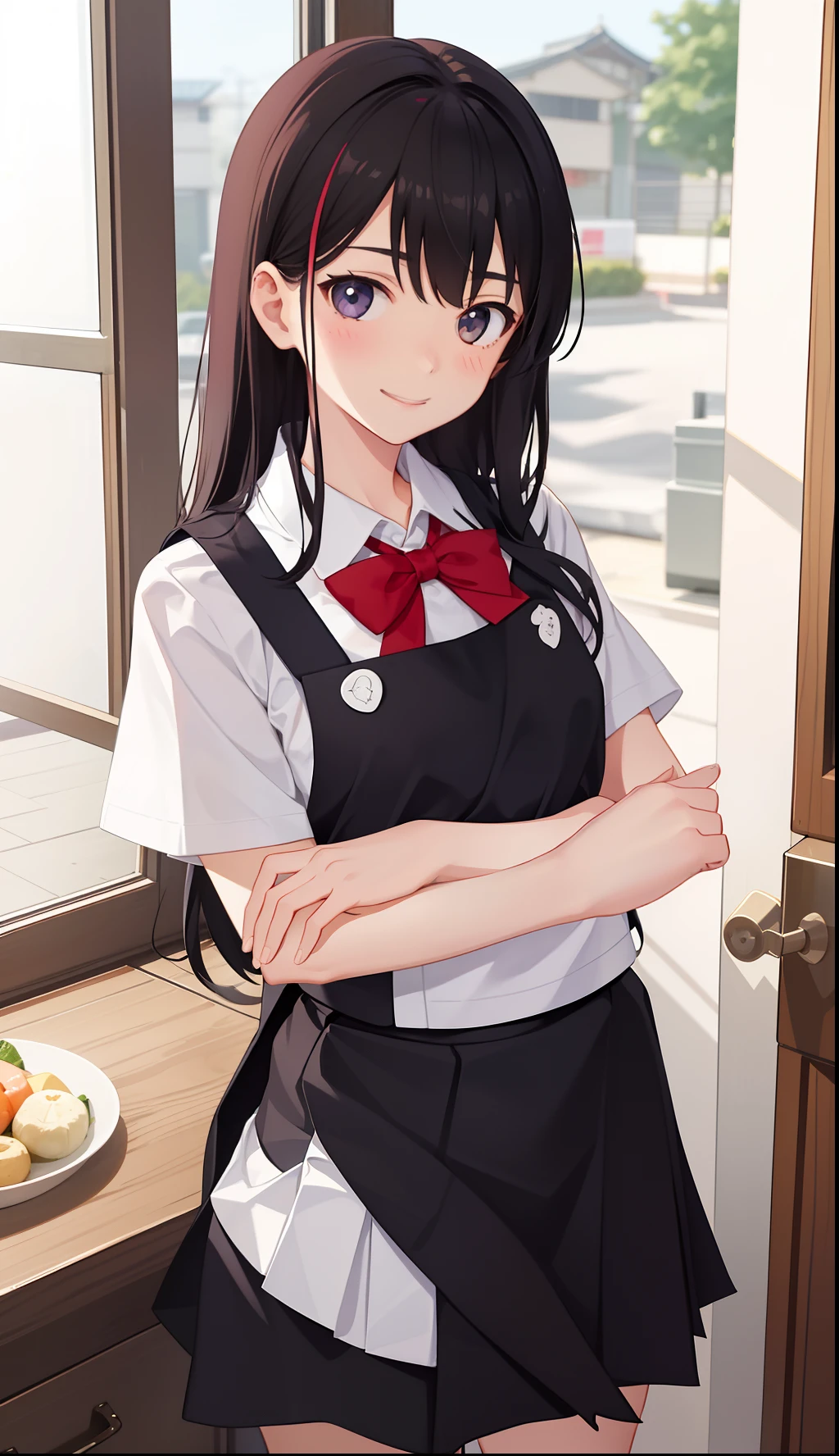1girl in、A smile、The shirt、skirt by the、(small tits)Chilarism、Japan High School Student Uniform、serafuku、summer clothing、Apron、Help with household chores、Upper body portrait、、