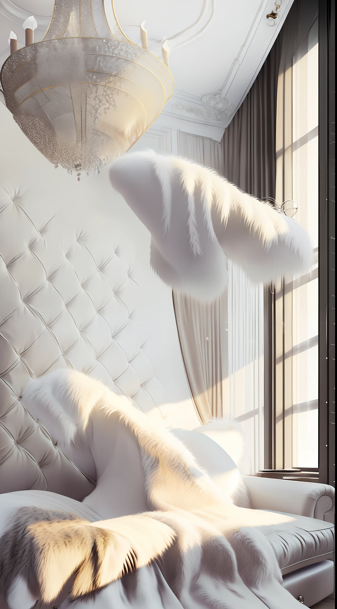 (​masterpiece)、(hightquality)、top-quality、realisitic、(realisitic)、ultra-detailliert、(Full Detail)、(4K)、8K、interiors、(((Far Room))), (Fur on the sofa), White fur, Detailed white fur, furr, fluffy white fur, long fur, Blonde fur, white fluffy fur, (Luxury fur long gown) , Luxurious fur coat hanging in the room, (lots of fur), fur-coat,(Woman in fur)、One Woman、Colossal tits、sexypose、large fur on the shoulders、realisitic