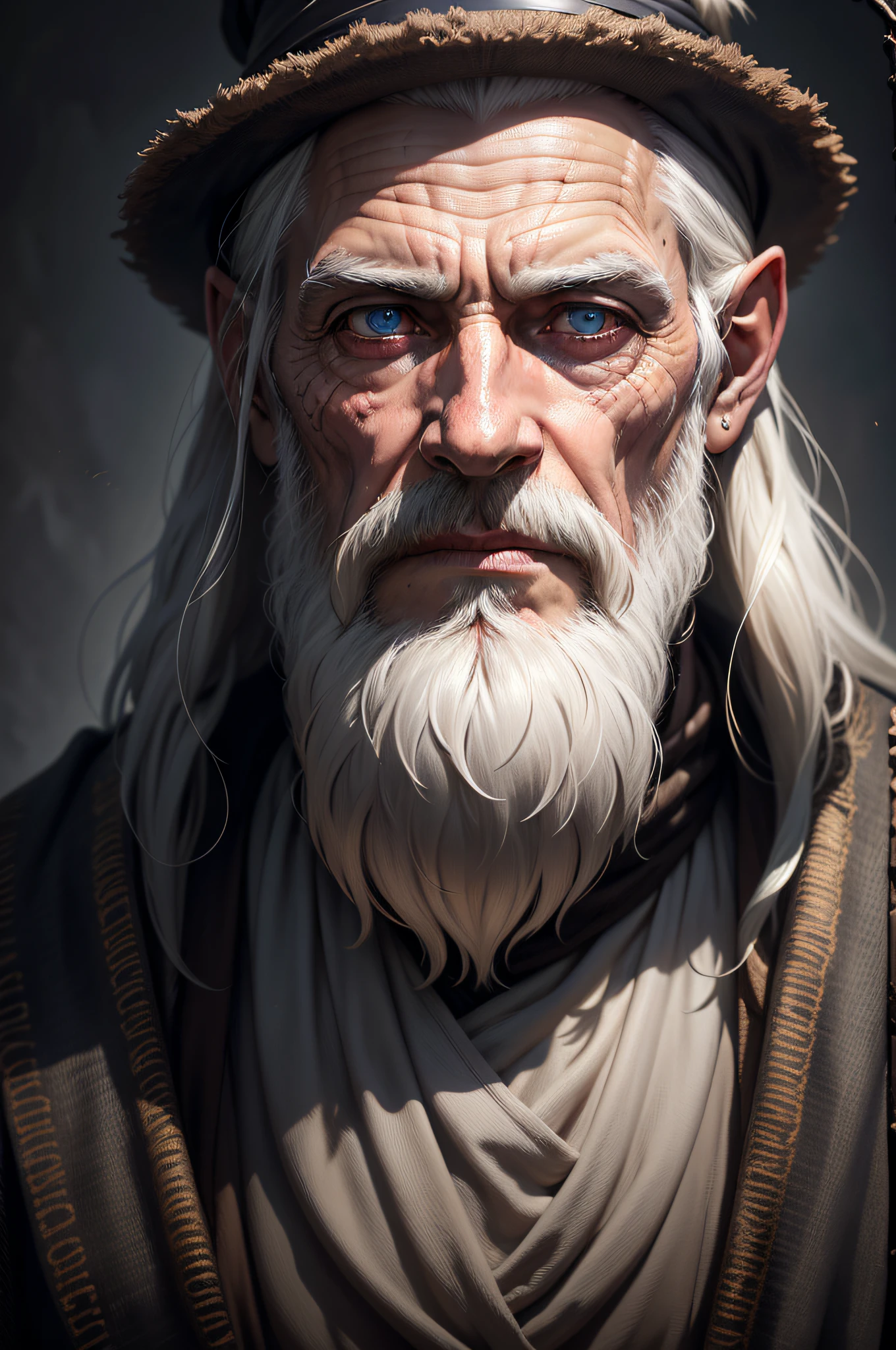 A portrait of a wizard, bearded, wrinkled, weathered, with piercing eyes, detailed face, high details, photography, dark studio, rim light, Nikon D850, 50mm, f/1.4