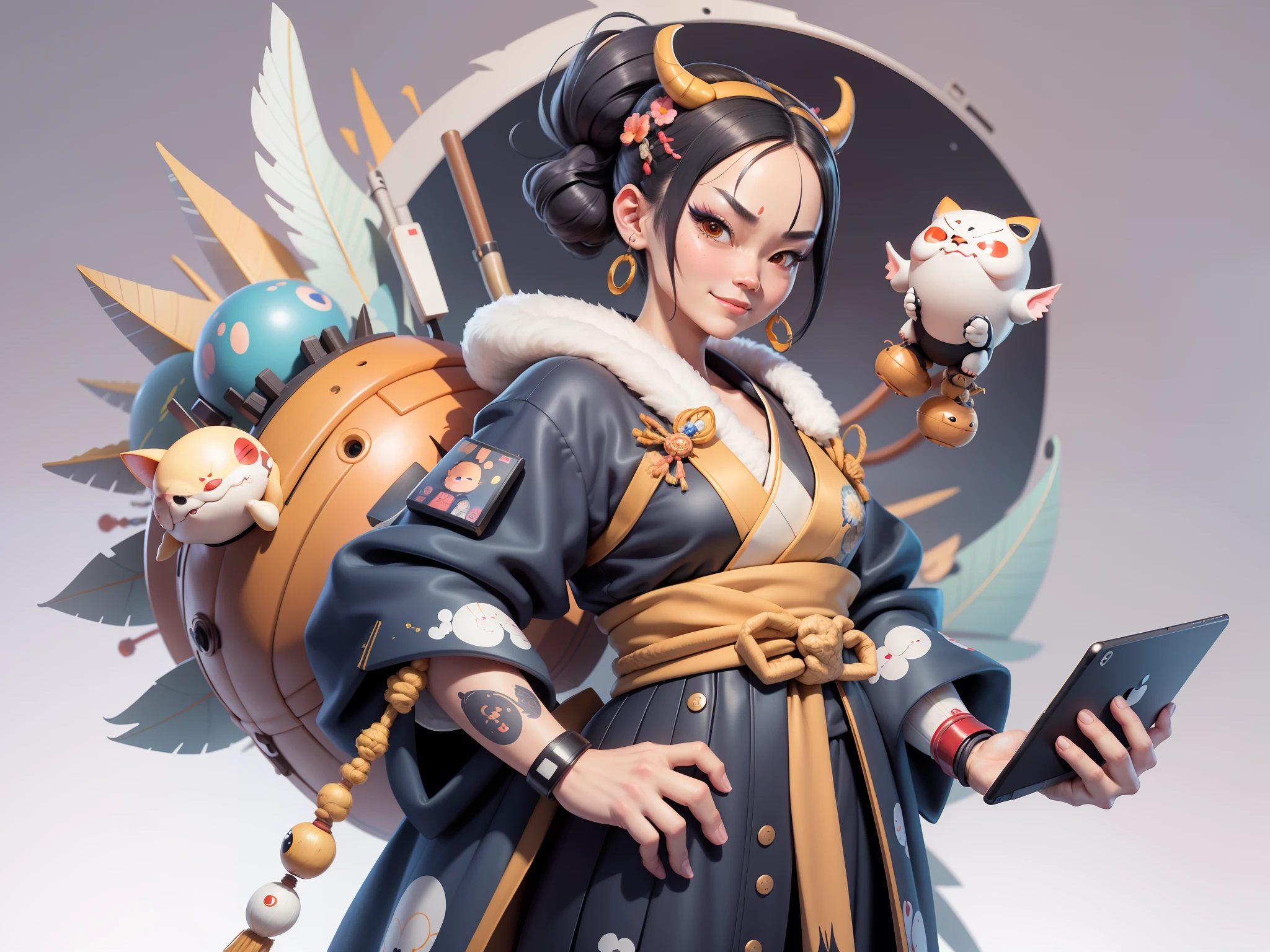 (Daisaku),(Need),(Super meticulous),(full bodyesbian:1.2),Japanese ukiyo-e girl，japanese geisha，Beautiful，Oriental dragon，Aeolian Thor，Raised sexy，爆乳，Oriental face，TV Anchor，Bust portrait illustration，Alone，In black suit，a blue tie，The face is slightly chubby，The face was clean，without a beard，Black super short hair，Black eyes，Smile confidently，3C computer sub-products，iPad， iphone，Digital painting，3D character design by Mark Clairen and Pixar and Hayao Miyazaki and Akira Toriyama，The illustration is a high-definition illustration in 4K resolution，With very detailed facial features and cartoon-style visuals。
