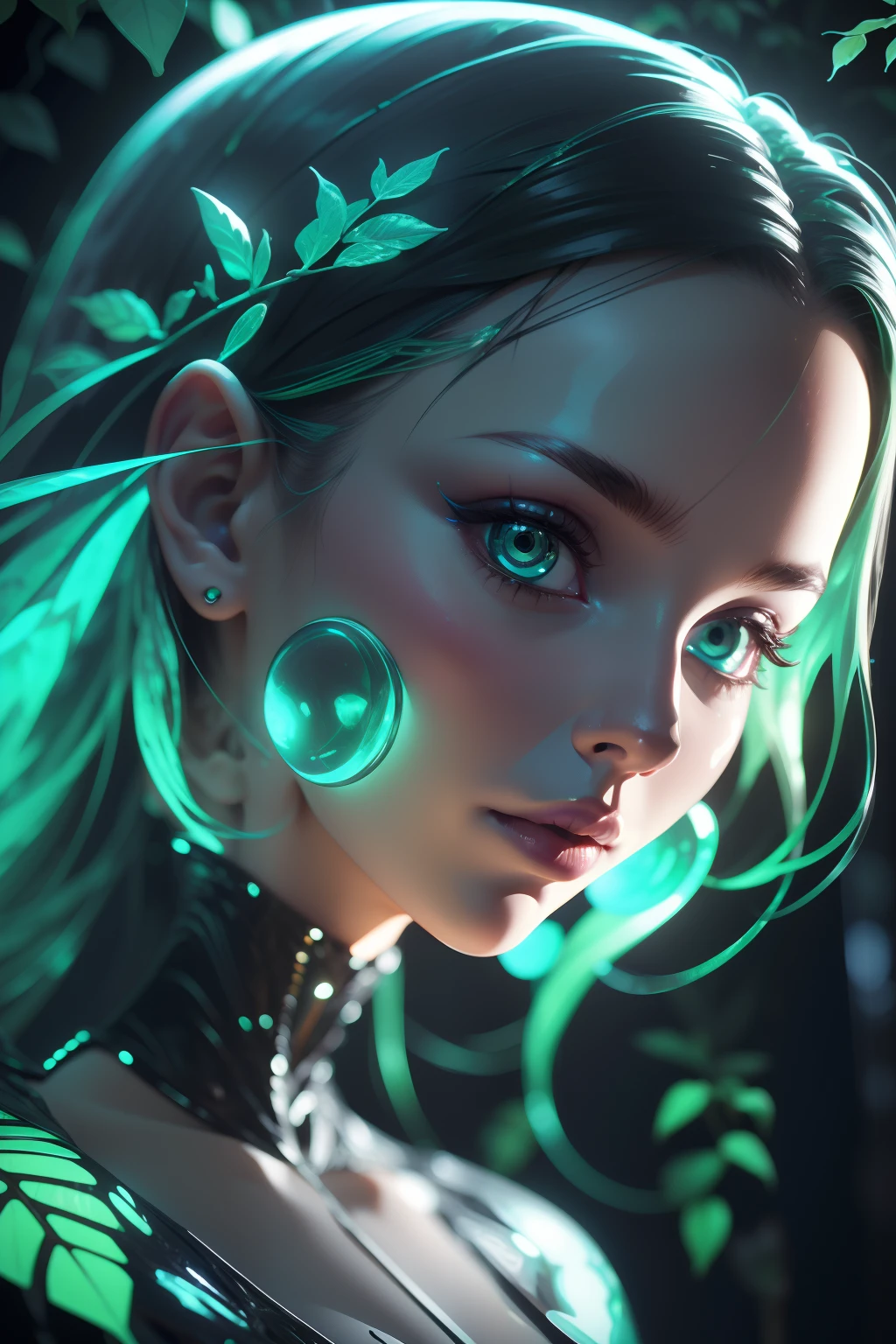 alien god , ((high contrast)), ((highly detailed)), 8k hdr high resolution photo of a transparent porcelain android full body girl with glowing backlit panels, closeup on face, anatomical plants, dark swedish forest, night, darkness, grainy, shiny, fashion, intricate plant details, detailed, (composition:1.3)