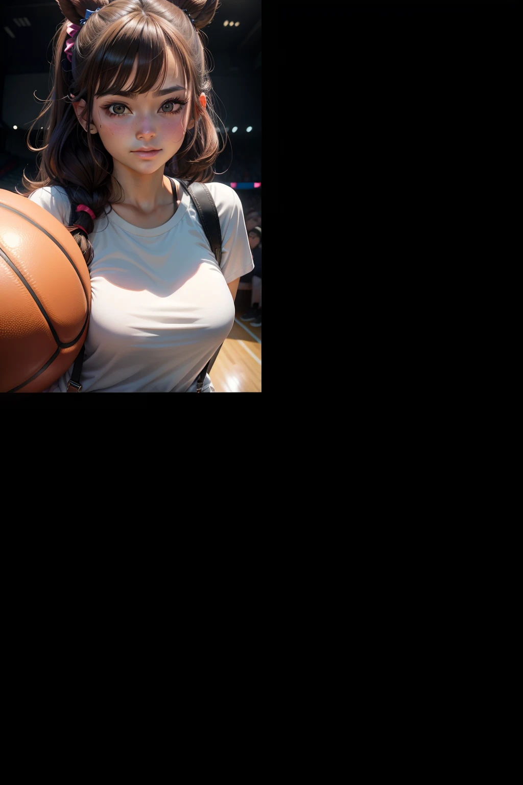 //title, Perverted idol of women's basketball team, //quality, Realistic photograph, (best quality:1.5), (hyper-realistic:1.2), (high resolution:1.5), (Cinematic Lighting:1.2), upper body shot, RAW photo, (4k. 8k precision image), detailed textures, sharp focus,ultra-detailed, //character, A beautiful woman, 18 years old high school girl, (beautiful hair:1.4), (blond hair:1.2), (big breasts:1.6), (Well-developed abdominal muscles:1.5), Large, well-shaped hips, //facial expression, (very embarrassing expression:1.6), (sexual climax), (orgasm face), (open mouths), (close eyes), //posture, (shirt lift:1.6), squatting, (open legs wide), ((squatting masturbation, dildo:1.4)), (finger masturbation:1.4), //fashion, Basketball Uniforms, tank top,no under wear, (lower half of body_no wear:1.4), basketball shoes,//fetish, ((Perfect hand and finger shape)), Sexually aroused expression, Eyes moist with excitement, Half-open lips, breathing hard with excitement, (urine dripping:1.4), (pussy juice:1.3), (water ripples:1.3), //back ground: School gymnasium, Basketball Hall, (Audience of only boys:1.6), ((many boys crowd:1.6)), ((Excited audience:1.6)),