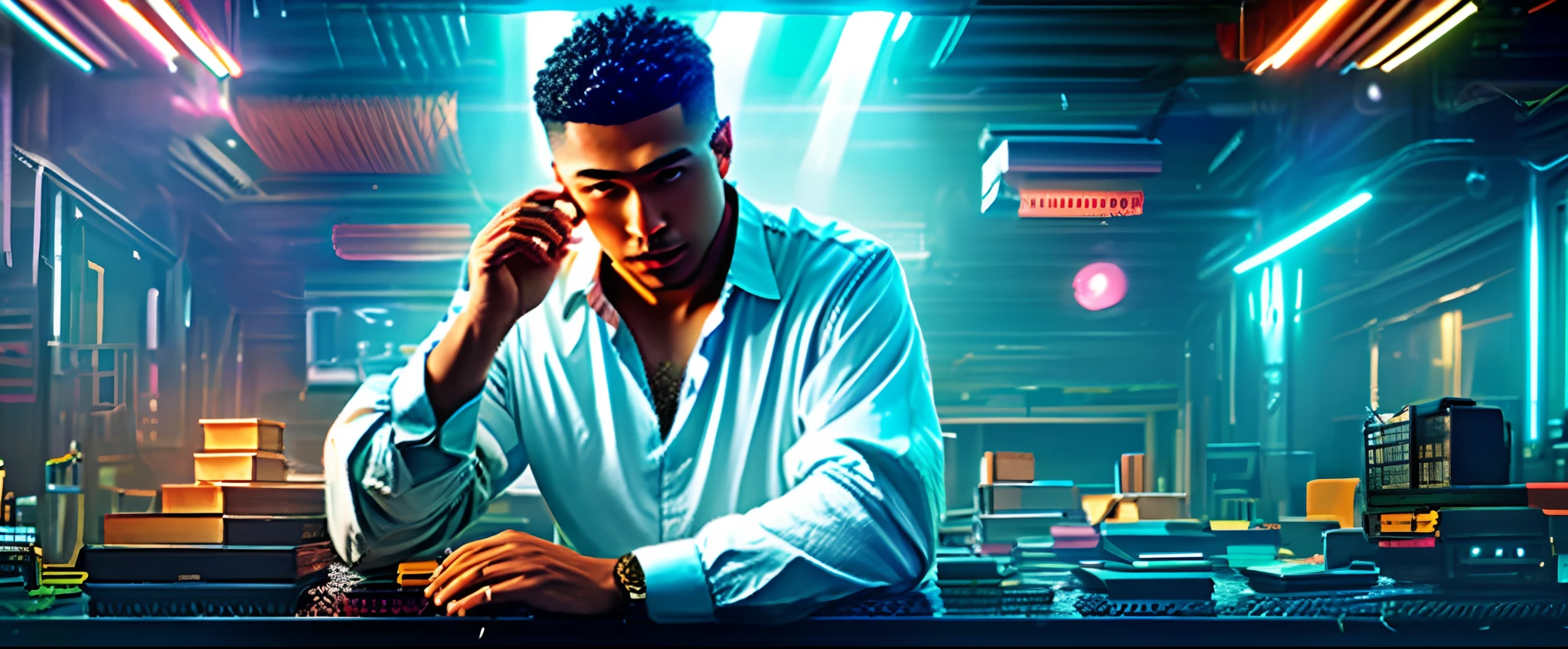 Ultra-clear detailed，8K，hyper quality，high resolution,18K，8k smooth；There was a man sitting at the table，Wear a light blue shirt，Focus on your computer, in a cluttered lab, in his basement studio, mid morning lighting, Artis, panoramicshooting, very wide angle shot, panoramicshooting, morning hard light；volumetric lighting，Edge light，high detail