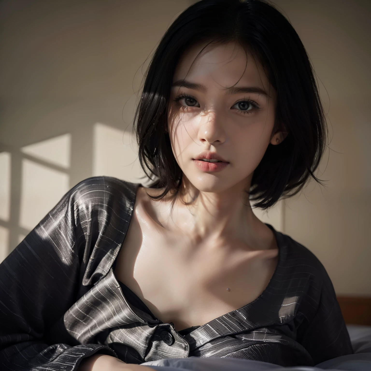 top-quality, ​masterpiece, 超A high resolution, 8K, Unripe, (photographrealistic:1.4), rendered, depth of fields, A slender, Hospital room, detailed beautiful faces, 1 rapariga, cute little, 年轻,, Large black eyes, Black Hair Bob,s Pajamas, (s Pajamas:1.3),high-class sense,raindrops,