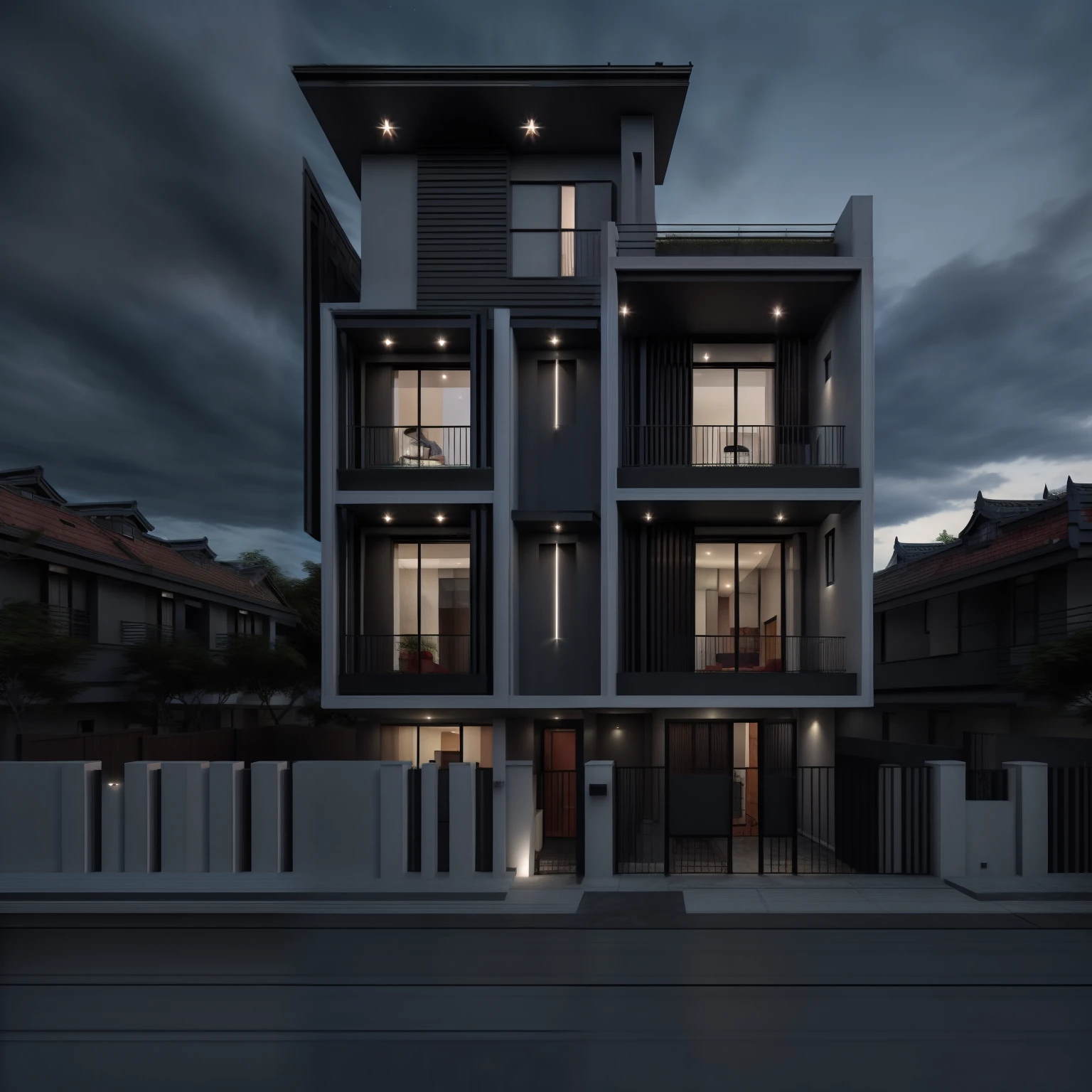 2 storey townhouse, traditional style house, 
ultra realistic, masterpiece, hight quality, best quality, raw photo, dark night, dark theme,