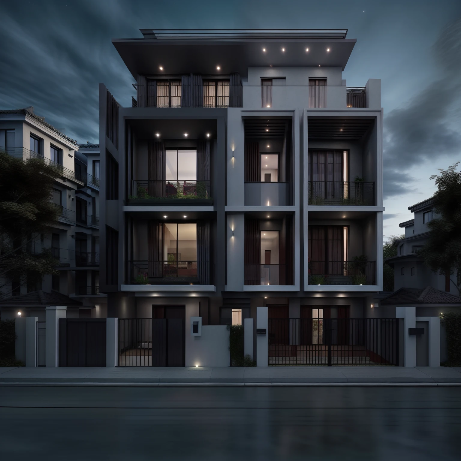 2 storey townhouse, traditional style house, 
ultra realistic, masterpiece, hight quality, best quality, raw photo, dark night, dark theme,