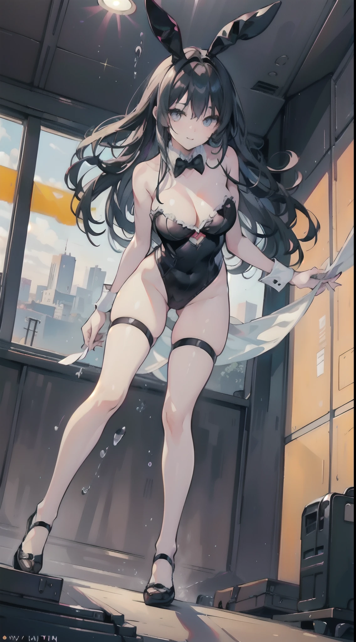 (fullllbody), 1 Bunny Girl, (beautifully detailed eyes), (beautiful and detailed face), Perfect female body, (neat figure:1.2), thick body, Slender waist, (18year old), Very big eyes, (top-quality), (ultra-detailliert), (masuter piece), (hight resolution), (Photorealsitic:1.4), (Dynamic Angle:1.2), (Original), (the Extremely Detailed CG Unity 8K Wallpapers), Character Design, Game CG, Detailed Manga Illustration, Realistic head-to-body size ratio:1.2, anime keyvisual,On the musical stage