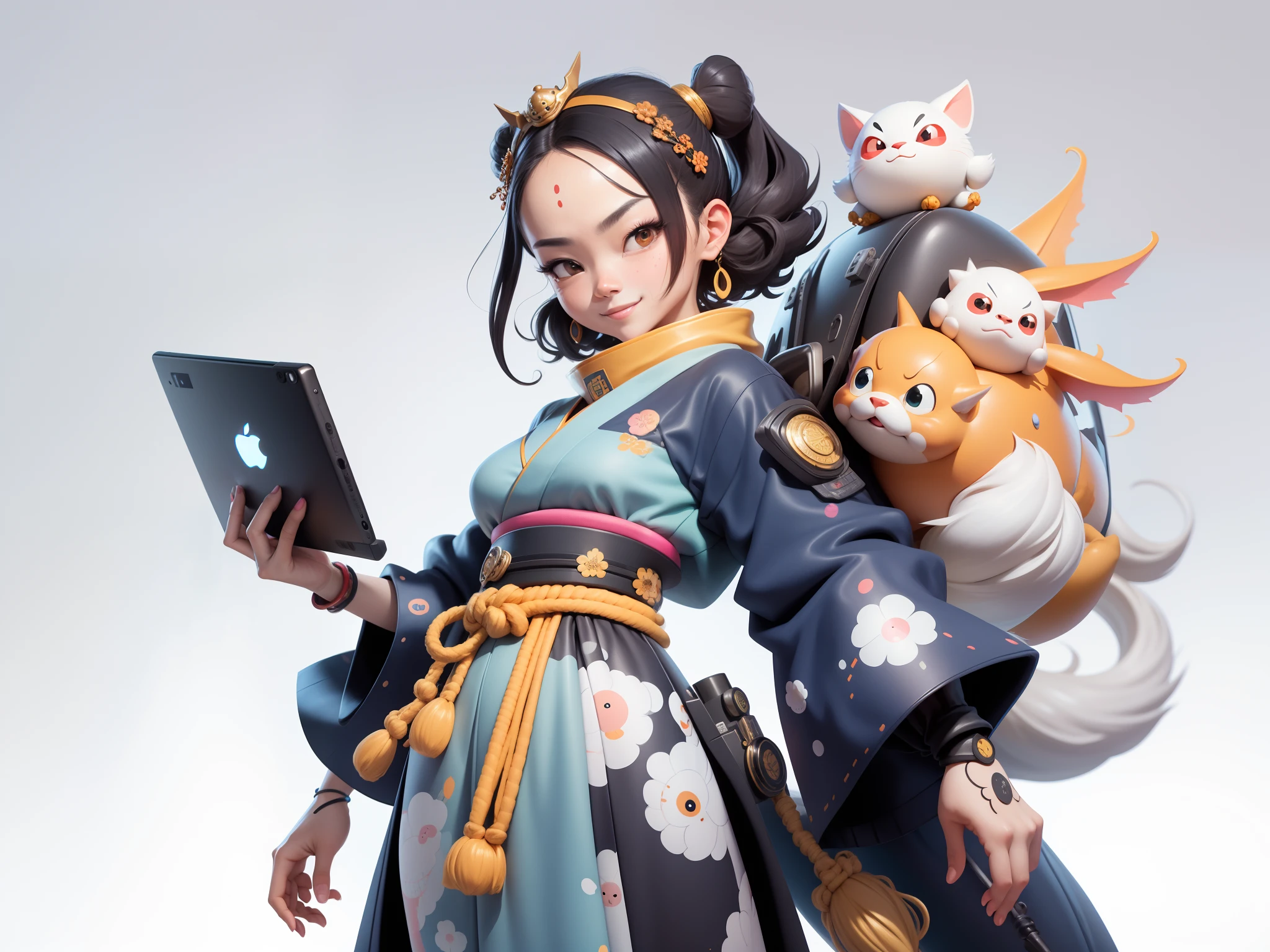 (Daisaku),(Need),(Super meticulous),(full bodyesbian:1.2),Japanese ukiyo-e girl,japanese geisha,Beautiful,Oriental dragon,Aeolian Thor,Raised sexy,爆乳,Oriental face,TV Anchor,Bust portrait illustration,Alone,In black suit,a blue tie,The face is slightly chubby,The face was clean,without a beard,Black super short hair,Black eyes,Smile confidently,3C computer sub-products,iPad, iphone,Digital painting,3D character design by Mark Clairen and Pixar and Hayao Miyazaki and Akira Toriyama,The illustration is a high-definition illustration in 4K resolution,With very detailed facial features and cartoon-style visuals。