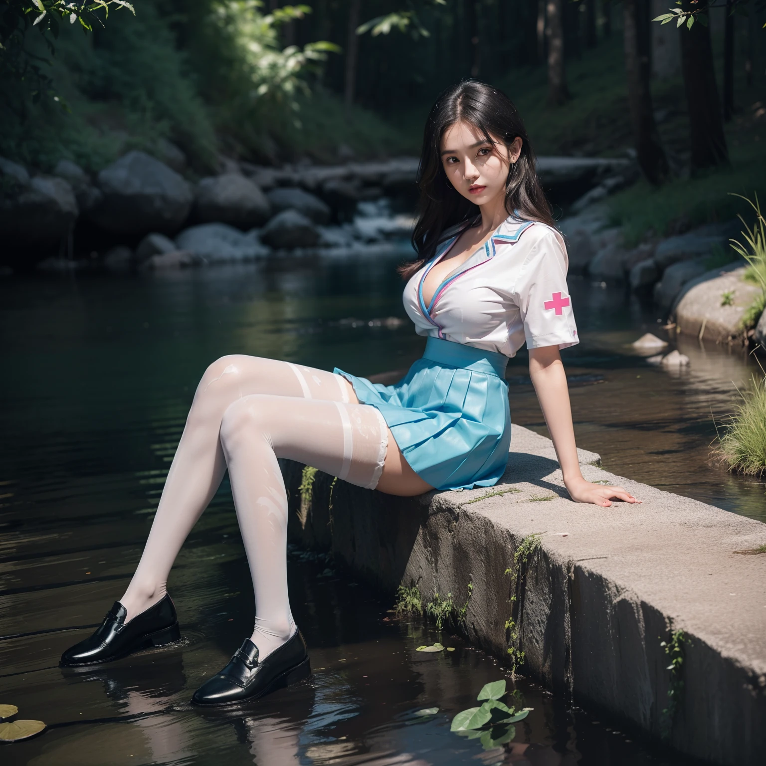 (full body:2)，(1girl:1.3),(view the viewer:1.4)，(??????? correct:1.45),(Sitting by the creek,:1.35),(Reflective carbon fiber pantyhose:1.4),(A mature and sensual woman Wear printed fantasy nurse suit JK student uniform pleated skirt and polished JK uniform leather shoes :1.35)，(A woman with large buttocks, breasts, and a slender waist:1.4), (Light particle effect:1.3),(In pink | amarelo | blue colors| green color |red color | white colors| black in color| purplish color| greys| Beige| Flesh color 1.4)，(Glowing eyes:1.3),(Large amplitude action: 1.3)，(Accurate and perfect face:1.4),hyper HD, Ray traching, reflective light，structurally correct, Award-Awarded, high detail, lighten shade contrast, Face lighting ，cinmatic lighting, masterpiece, super detailing, high quality, high detail, best quality, 16k，High contrast,