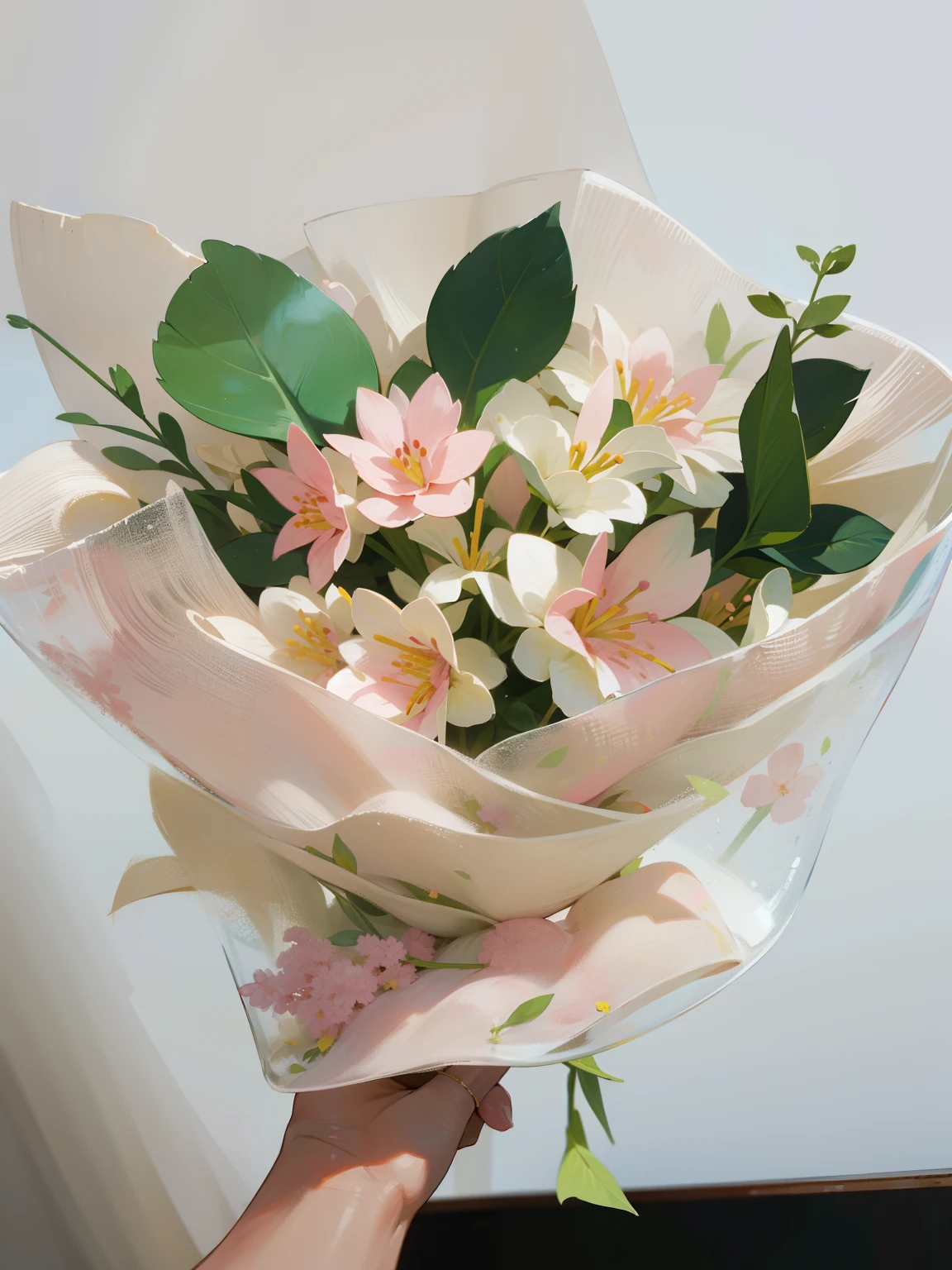 Pink flowers and green leaves