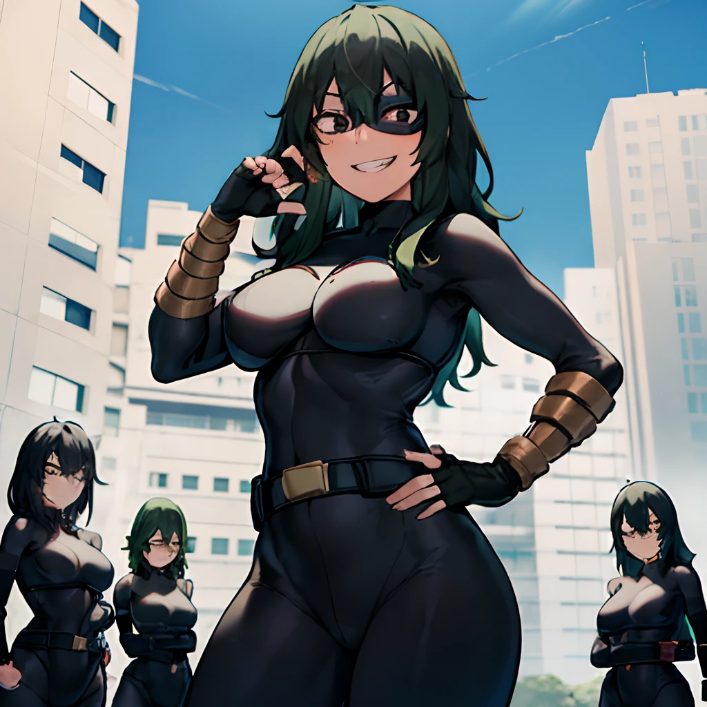 setsuna tokage, 3girls, trio, long hair, breasts, looking at viewer, smile, black hair, gloves, medium breasts, green hair, teeth, black gloves, belt, fingerless gloves, grin, black eyes, hand on hip, bodysuit, mask, contrapposto, superhero, domino mask, triplets, clones, trio pose