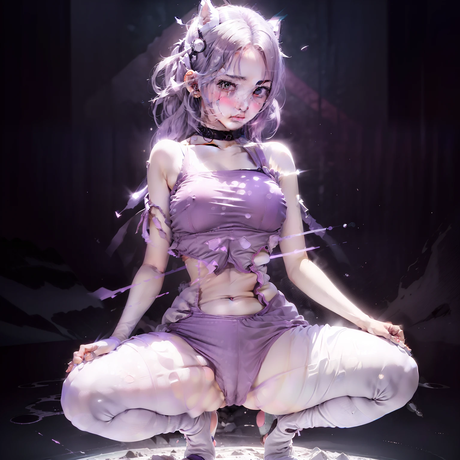 (full bodyesbian:2)，(1girll:1.3),(view the viewer:1.4)，(anatomy correct:1.45),(Squat by the creek, Spread your legs:1.35),(Over-the-knee white stockings:1.4),(A young plump girl，Bare body：1.35)，(A woman with big hips, Breasts, and slender waist:1.4), (Light particle effect:1.3),(In pink | amarelo | blue colors| green color |red colour | white colors| black in color| purpleish color| greys| Beige| Flesh color 1.4)，(Glowing eyes:1.3),(Large amplitude action: 1.3)，(Accurate and perfect face:1.4),hyper HD, Ray traching, reflective light，structurally correct, Award-Awarded, High detail, Fade-in and fade-out shadow contrast, Face lighting，cinmatic lighting, tmasterpiece, super detailing, High quality, High detail, Best quality, 16k，High contrast,
