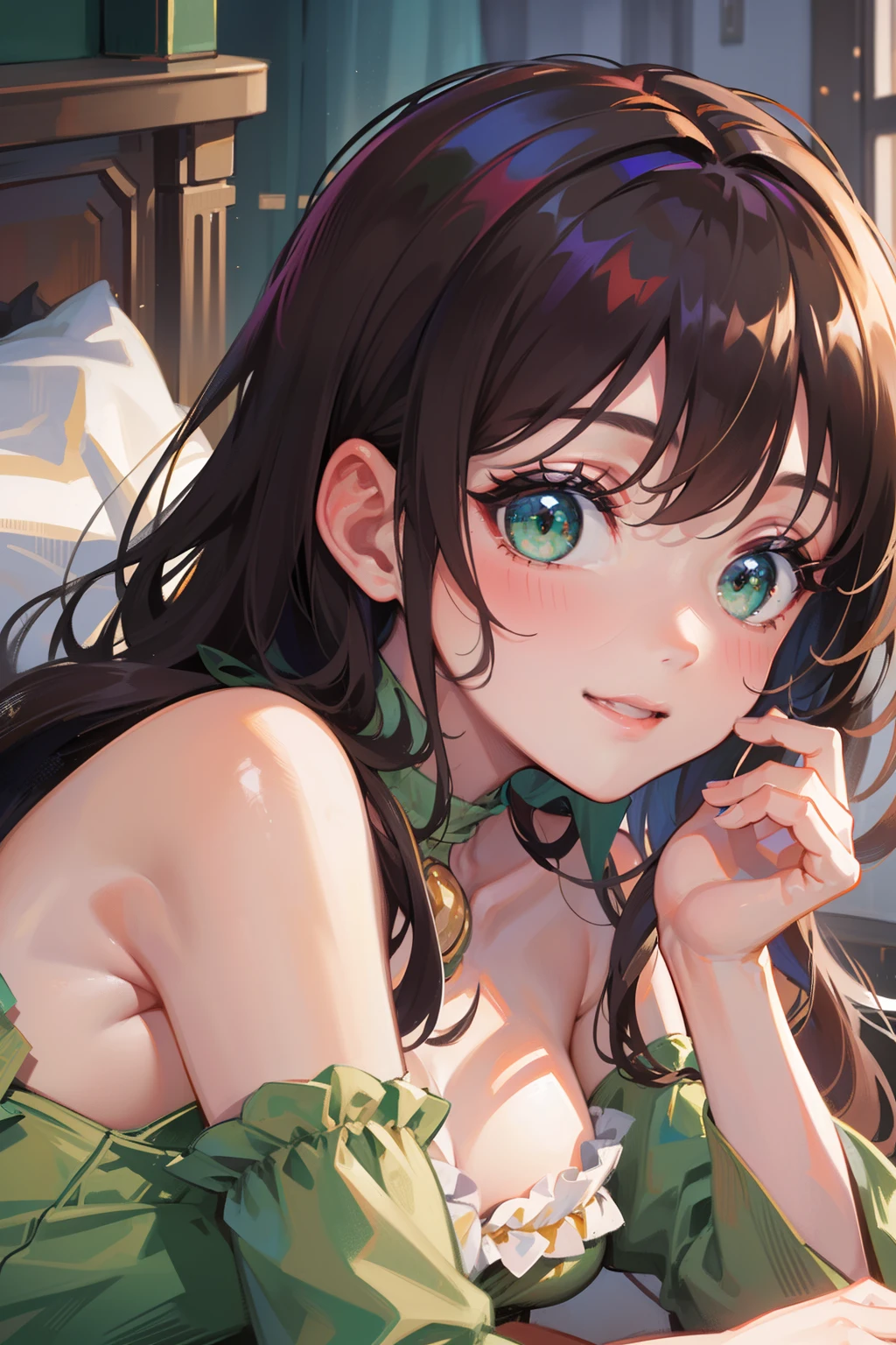 (masterpiece), (best quality), ultra high res, sharp focus, ((1 woman, solo)), warm pastel tone), upper body, medium long shot, MLS, beautiful detailed hair, chesnut brown hair, long hair tumbles down, ((beautiful shape eyes, green eyes)), beautiful detailed face, perfect feminine face, smiles, look at the viewer, colorful comfy outfit, (bare shoulders), in the comfortable bedroom, lying on the bed, (at the night time:1.2)