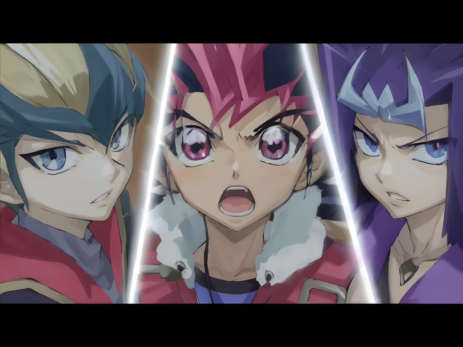 Anime opening trailer! Anime characters in the style of Yugio, Three have different colors of eyes and hair，Showcasing Yugio's artistic style。youtube thumbnail《yugioh card》Coming soon，The surging comes! This is an anime masterpiece from the year 3000 years ago。The picture quality is close to 32K HD，The details are exquisite to the extreme。The character has a cunning face，It's exciting！