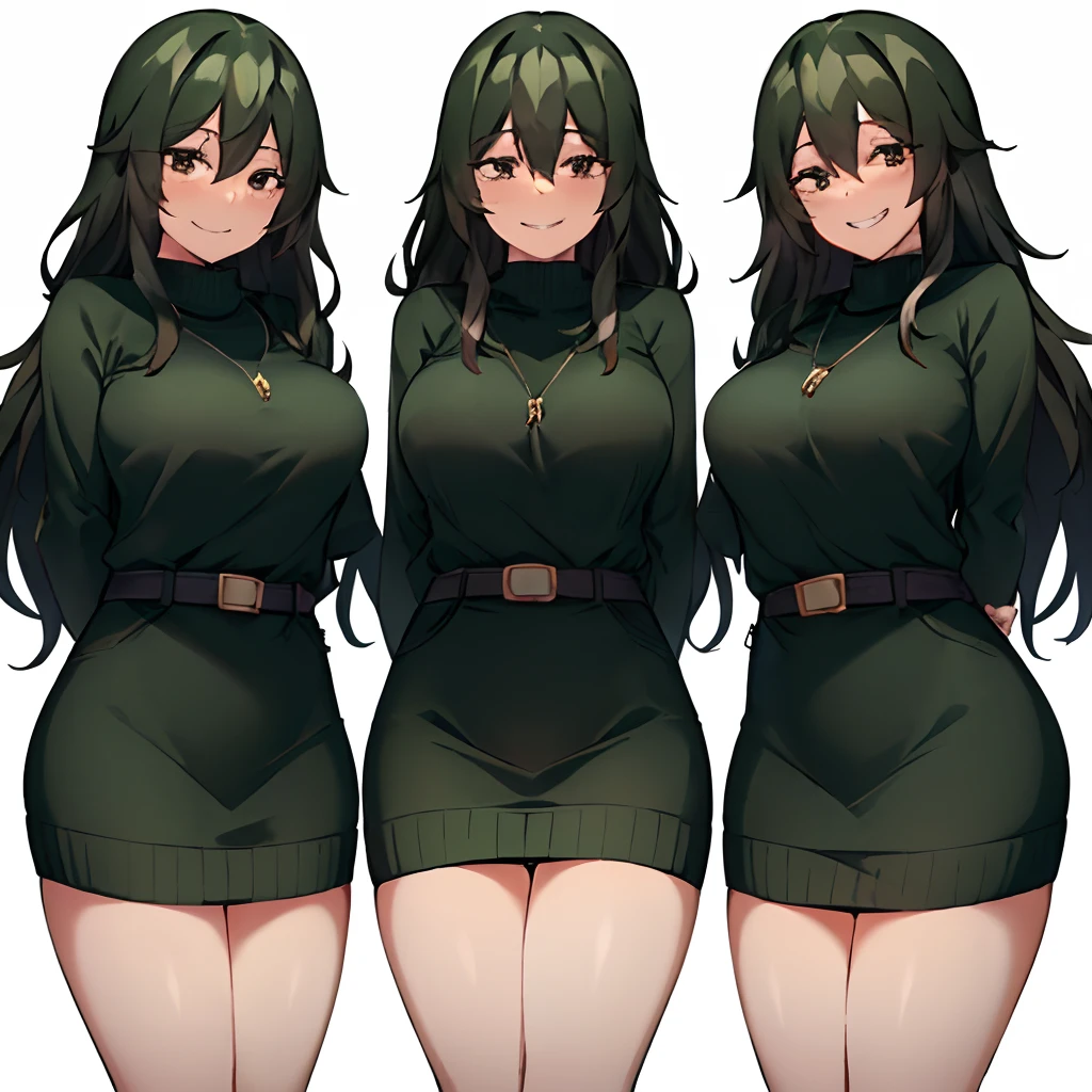 setsuna tokage, 3girls, trio, long hair, breasts, looking at viewer, smile, large breasts, simple background, black hair, white background, dress, hair between eyes, jewelry, green hair, belt, necklace, grin, black eyes, sweater, bags under eyes, sweater dress, triplets, clones