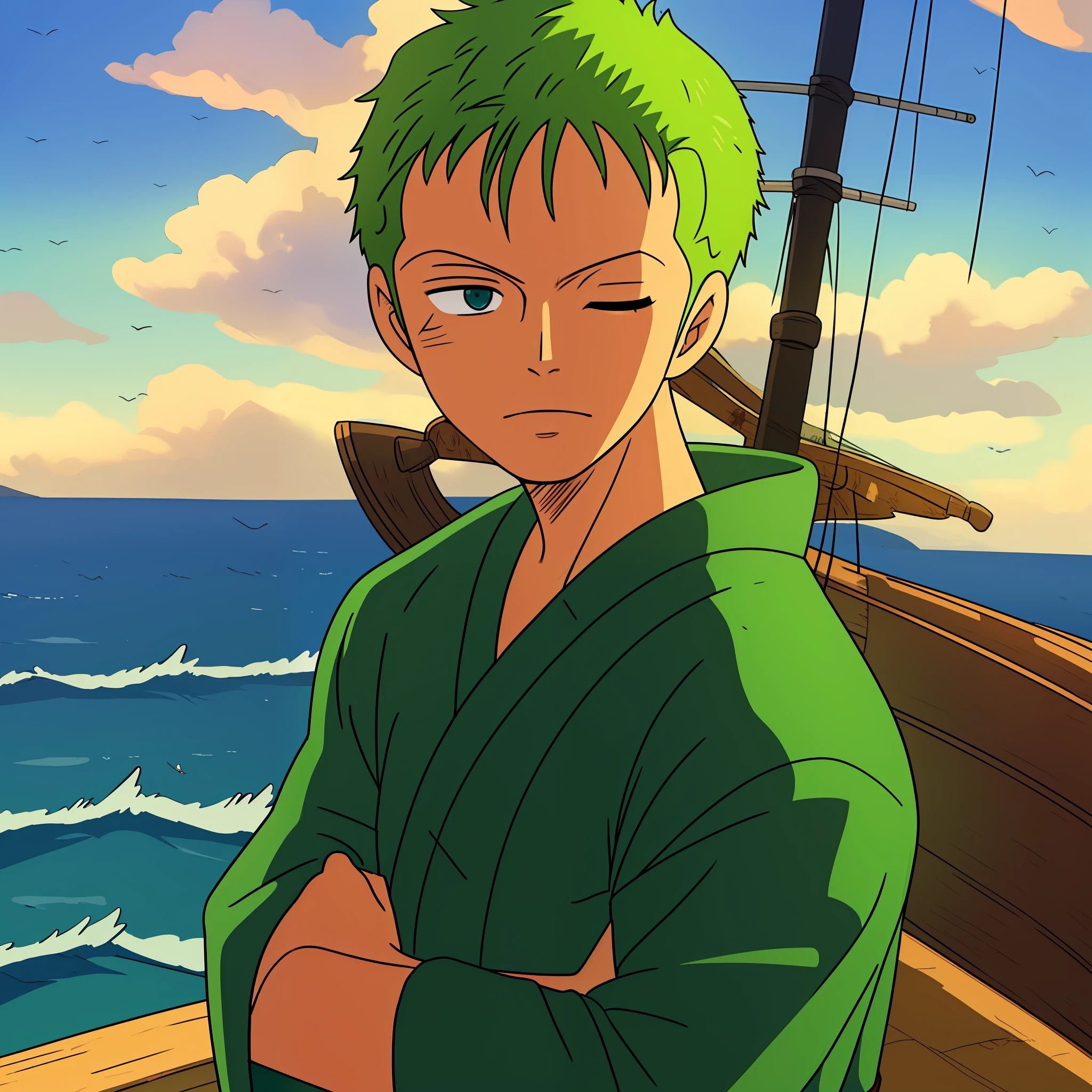((best quality)), ((masterpiece)), ((detailed background)), ((high quality illustration)), 1boy, wanostyle, roronoa zoro, one eye closed, scar across eye, crossed arms, japanese clothes, green kimono, solo, standing, looking around, upper body, close up, pirate ship, sea, miyazaki hayao