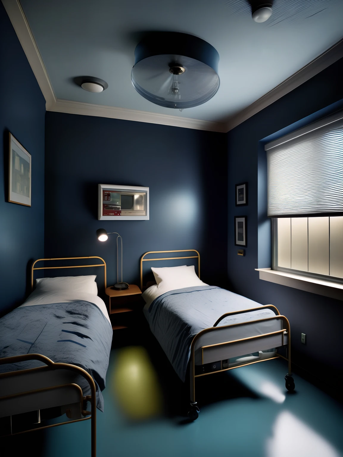 Gregory Cruderson style interior design，Very detailed wide angle architectural photography，Hospital design，There is a vinyl player on the table，Dark blue walls，Two beds，Very small light，The overall atmosphere is relatively dark，Light，depth of fields，low-light