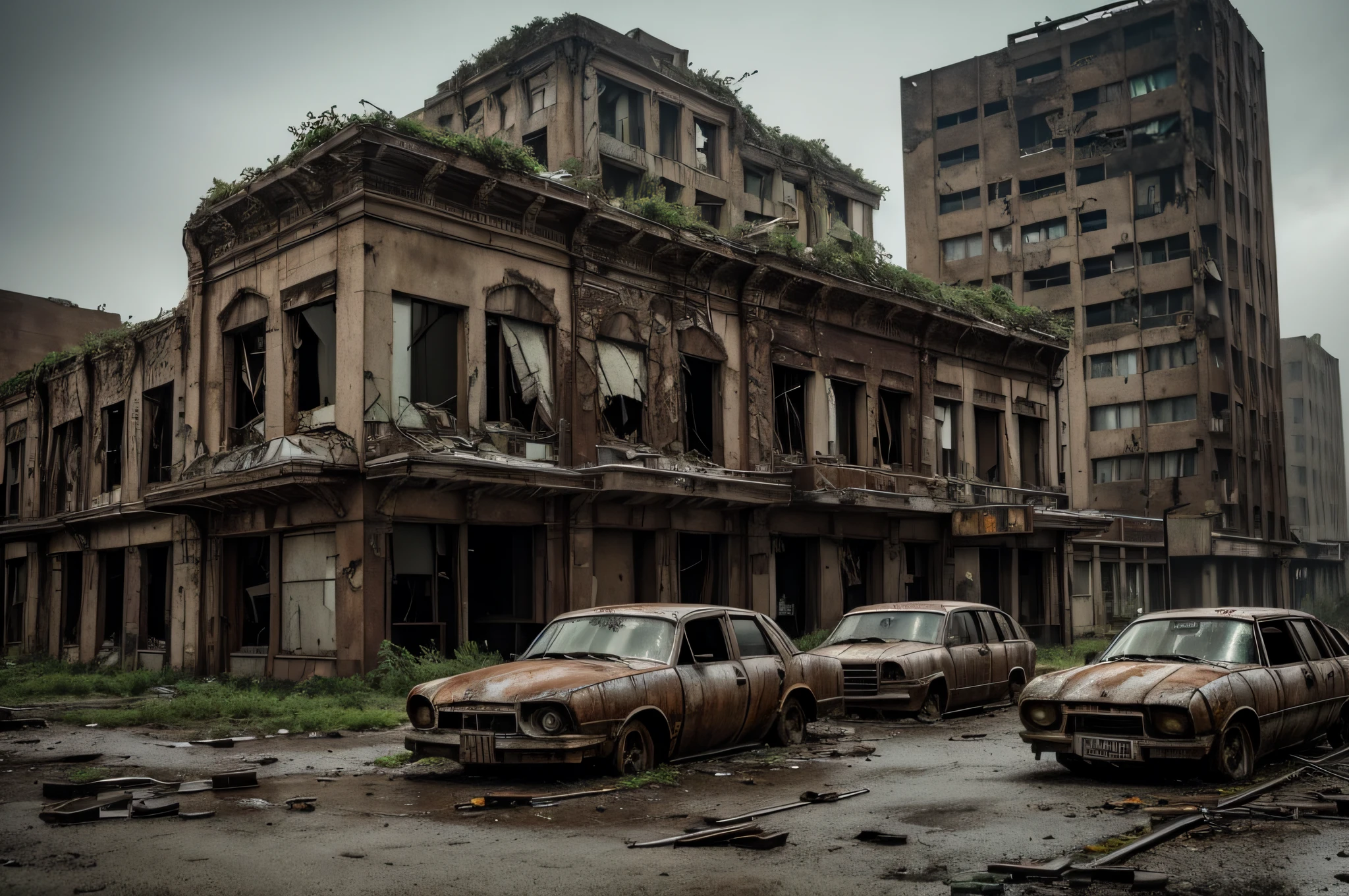 "Abandoned City, post-apocalyptic, desolate, crumbling architecture, overgrown with plants, eerie atmosphere, abandoned vehicles, hauntingly beautiful, dramatic lighting, rusted metal, decaying buildings, nature reclaiming the urban landscape."