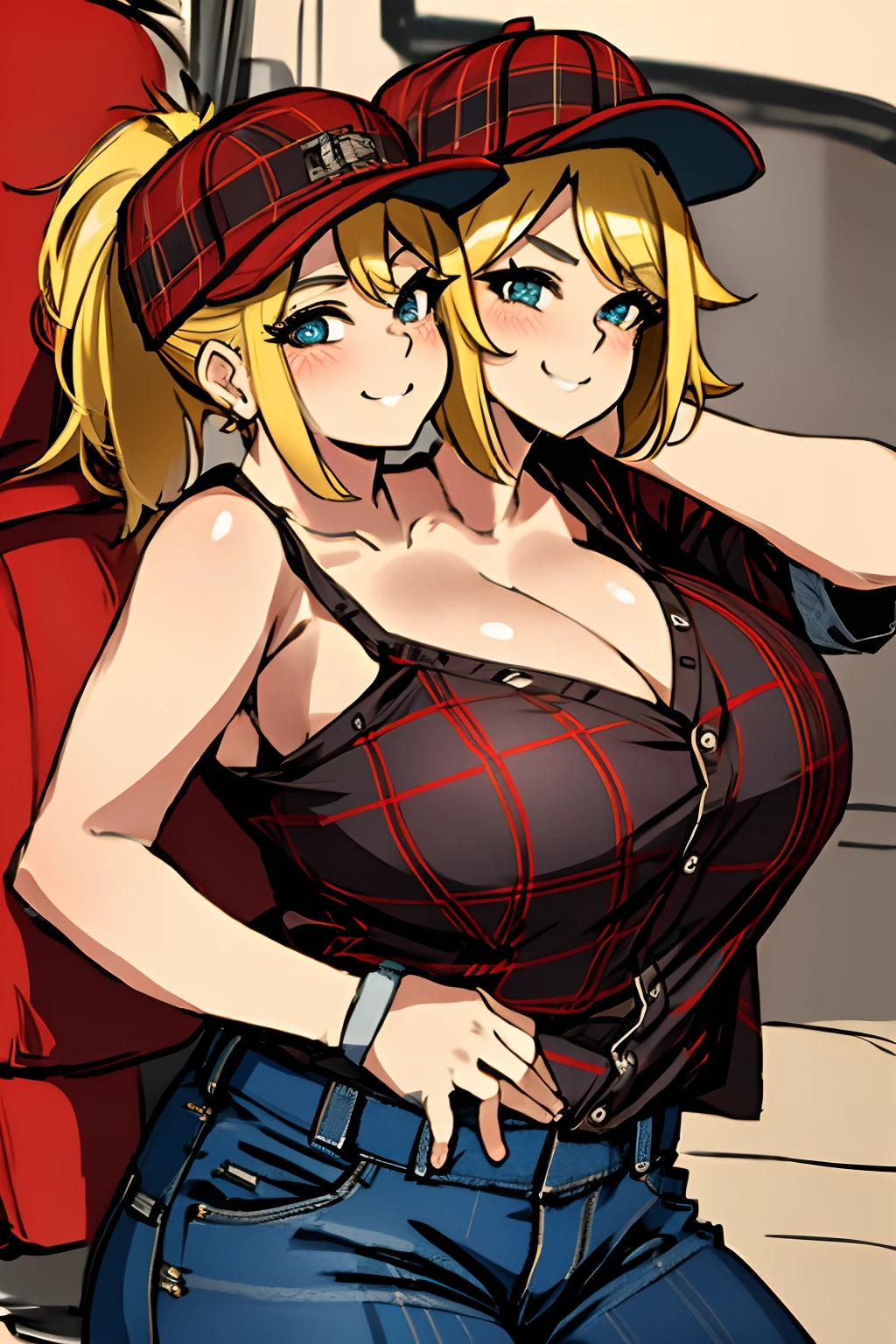 2heads, a short chubby woman with 2 heads. She has enormous breasts. She is wearing a red plaid flannel shirt and jeans. She is wearing a trucker's hat. She is in a big truck. She has blonde hair in a ponytail. She has gigantic breasts. She is blushing. She is smiling wide.