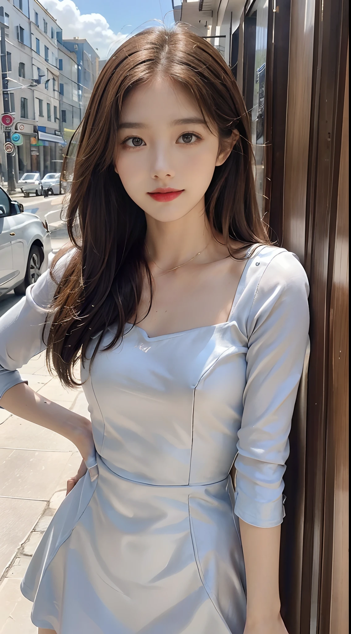 ((Best picture quality, 8K, tmasterpiece: 1.3)), self-shot, Sharp focus: 1.2, A cute beauty with a perfect figure: 1.4, Slim big breasts, ((Brown hair black)) , (Small flesh-colored dress,Highly detailed face,Happy expression,standing on your feet:1.2),((A city with blue skies and white clouds,At the cafe:1.3. Produced with a major focus on women)),Highly detailed facial and skin texture,Detailed eyes,二重まぶた