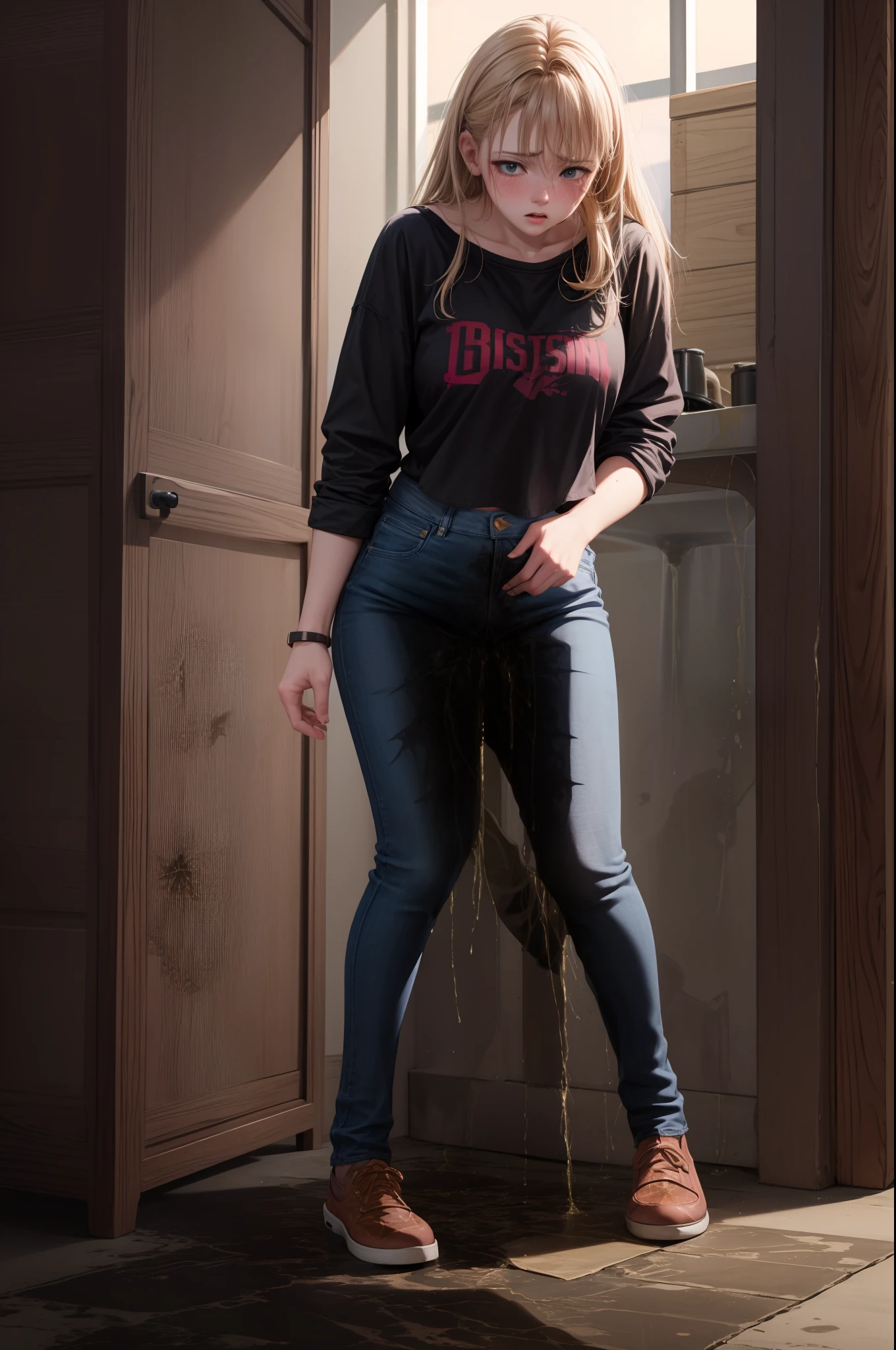 best quality, masterpiece, highres, realistic, 8k, soft lighting, cinematic lighting, (3girls), 20 years old, blue jeans pants, (full body), blush, worried, ((((((pee stain))))))