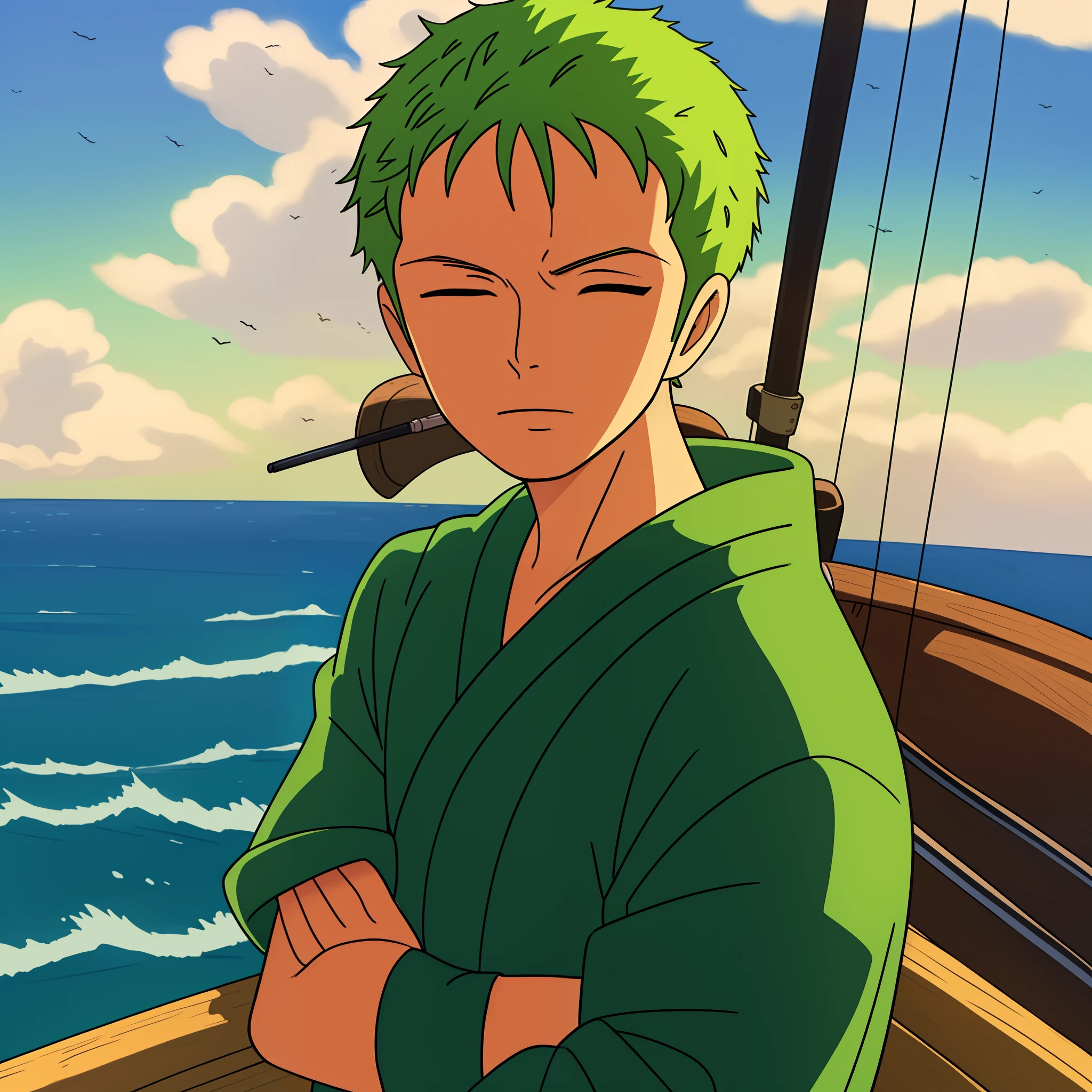 ((best quality)), ((masterpiece)), ((detailed background)), ((high quality illustration)), 1boy, wanostyle, roronoa zoro, one eye closed, scar across eye, crossed arms, japanese clothes, green kimono, solo, standing, looking around, upper body, close up, pirate ship, sea, miyazaki hayao