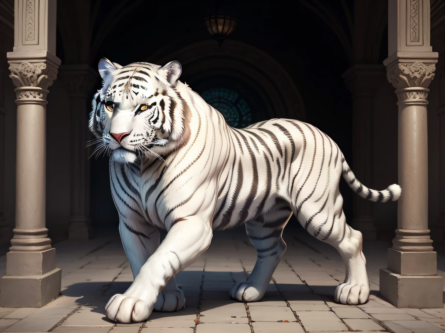Image of a white tiger in a mythological background