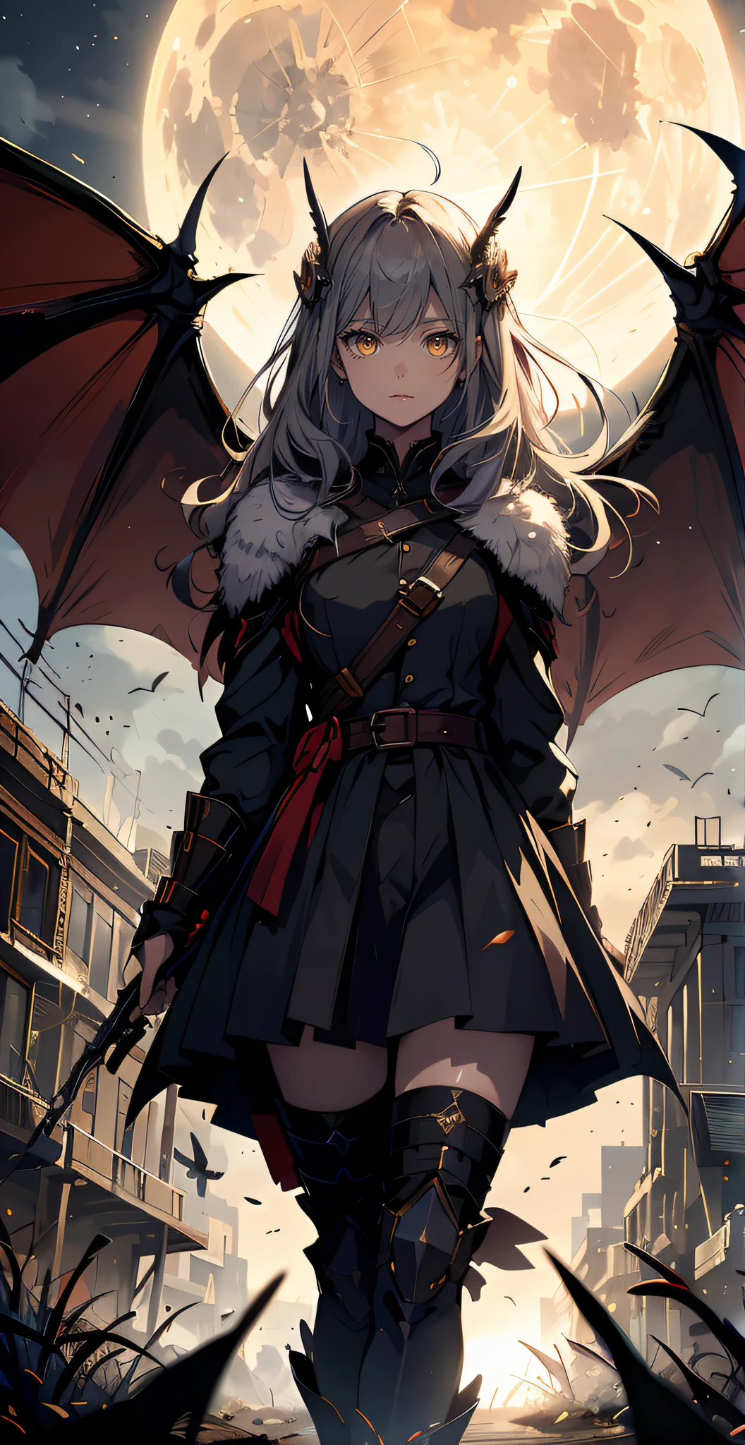 Yellow Moon, Vampire, Bright eyes, glowing eyes walking on dead bodies, Apocalypse, Armageddon background, apocalypse background, background in war, beasts background, soldiers background, Angel wings, flying dragons background, Sister and brother, sib, duo