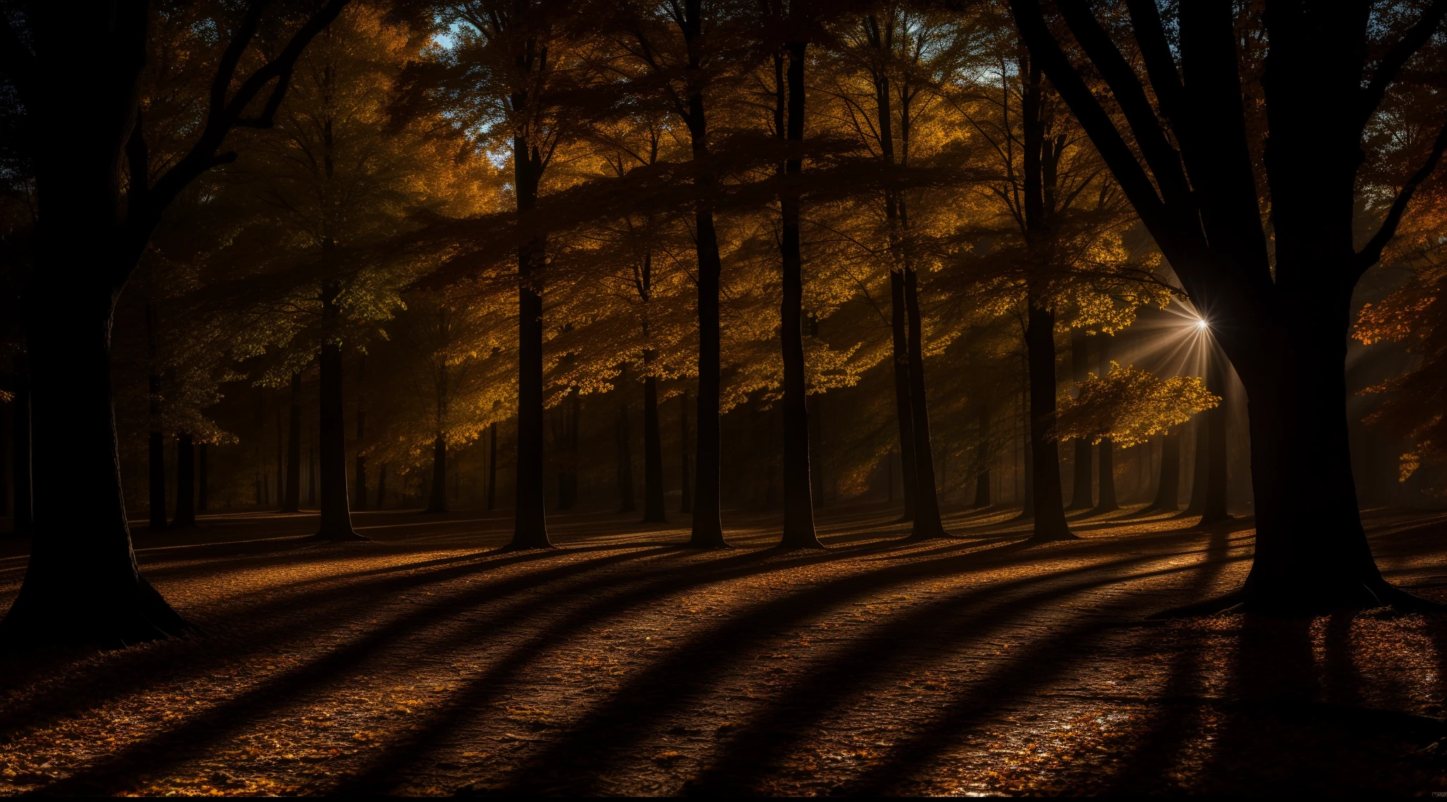 Majestic,Spectacular (HDR photo)  Picturesque nature
Sunlight shines through the trees in the dark
Autumn evenings with gloomy moonlight weather,
globalillumination, 8K resolution, Detailed, Focus, Close-up
Featured on Flickr
author：Mark Keithley,author：Jack Guzman