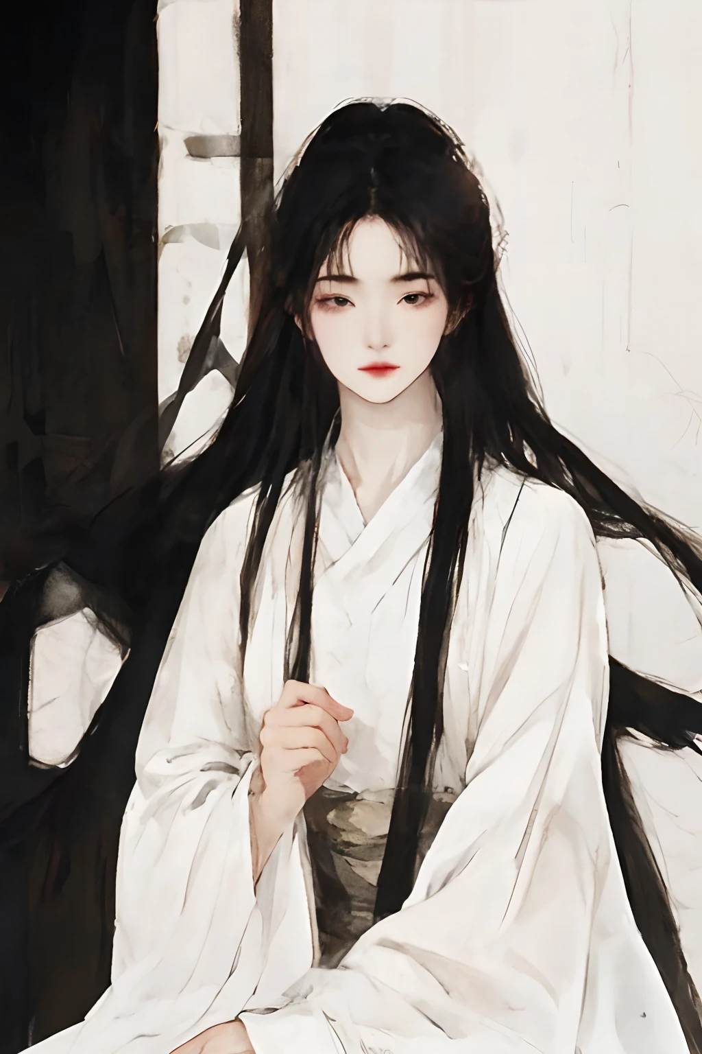 A girl, dressed in white, standing, facing, full length, in front, font