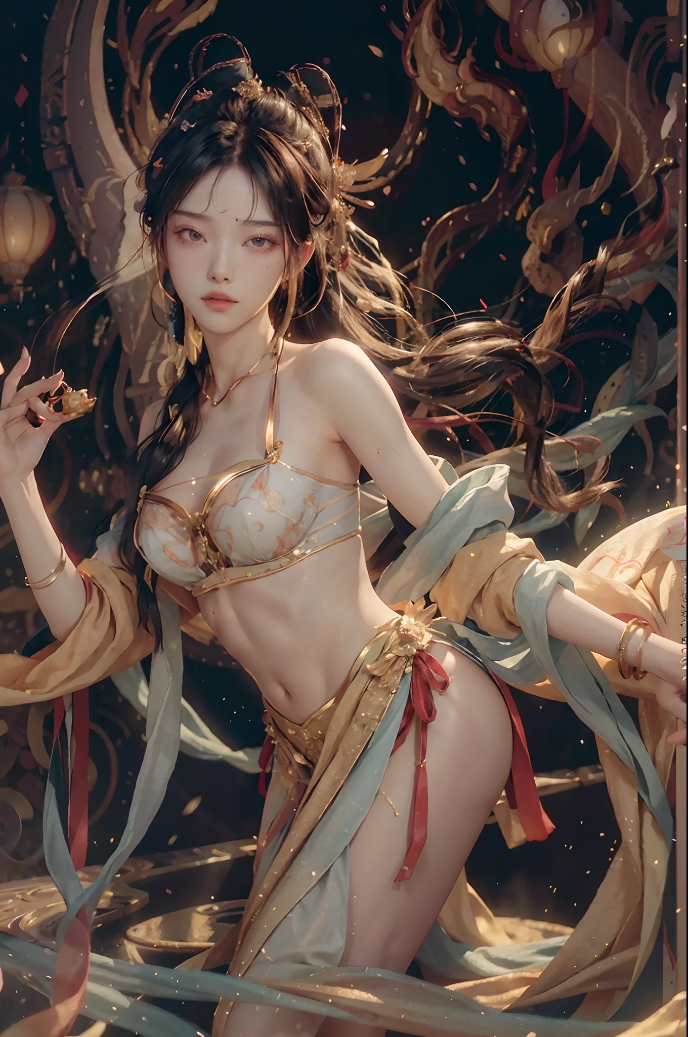 (RAW photo, Best quality), (Realistic, photo-realistic:1.3), Best quality, Highly detailed, Masterpiece, Ultra-detailed, illustration, 1girll, The upper part of the body_Body, Dynamic Angle, world mastery theater, Messy_Long_Hair,Best quality, extremely detailed CG unity 8k壁纸，ink，astounding，电影灯光，lens_flare，dunhuang_Style，scantily clad，4K Ultra Clear，Delicate details，Bright light，Perfect human body，Perfect face，Gorgeous background，huge tit，Crystal sweat beads