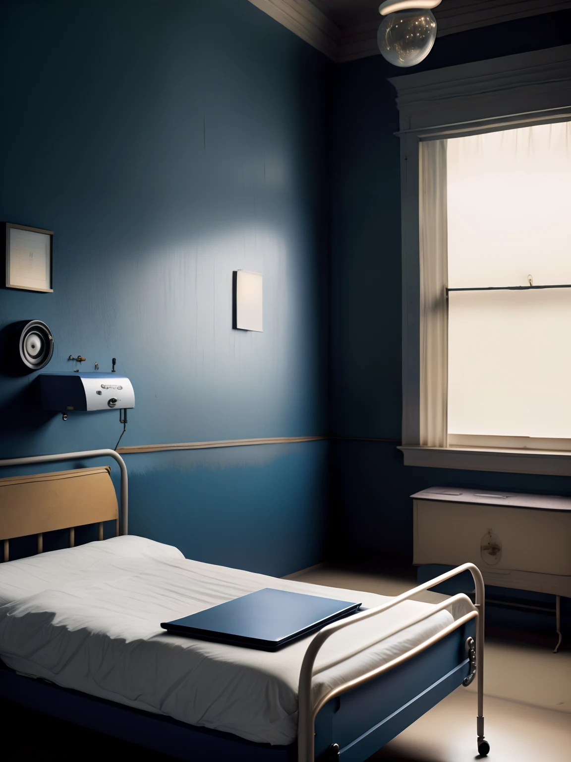 Gregory Cruderson style interior design，Very detailed wide angle architectural photography，natta，hospitals，Dark blue walls，Two beds，There was an old record player on the table，Very small light，The overall atmosphere is relatively dark，Light，depth of fields，low-light