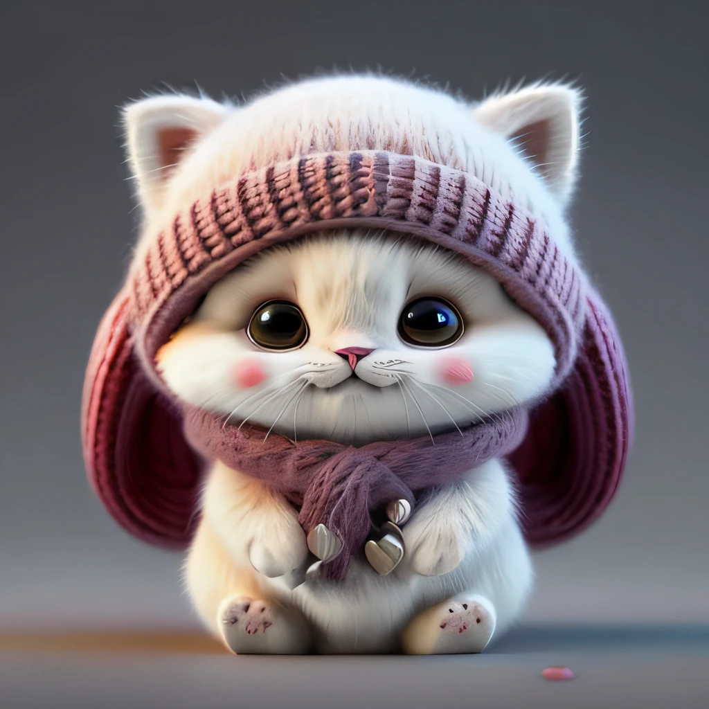 Close-up of a cat wearing a knitted hat and scarf, cute 3 d render, adorable digital art, lovely digital painting, Cute cat, Kawaii cat, Cute cartoon character, Cute detailed digital art, cute cat photo, A cute cat, Cute! C4D, cute character, cute artwork, Cute kitten, cute toy, cute cute