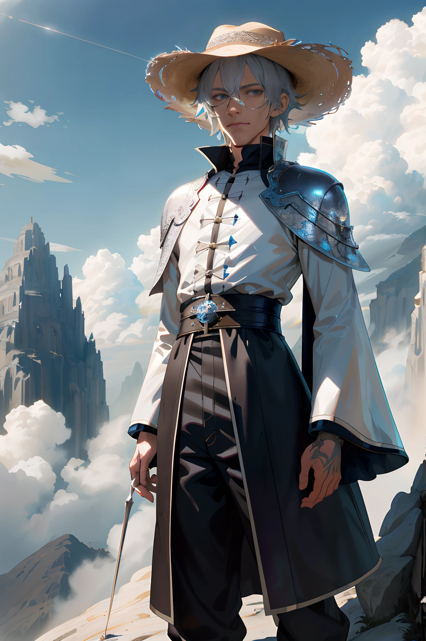 There was a man in a hat and a long coat standing on the hill, hyper-detailed fantasy character, dressed like a cleric, Stunning character art, skinny male fantasy alchemist, full portrait of magical knight, highly detailed exquisite fanart, epic exquisite  character art, Ross Tran 8 K, skinny male fantasy scientist, 2. 5 D CGI anime fantasy artwork, high detailed official artwork