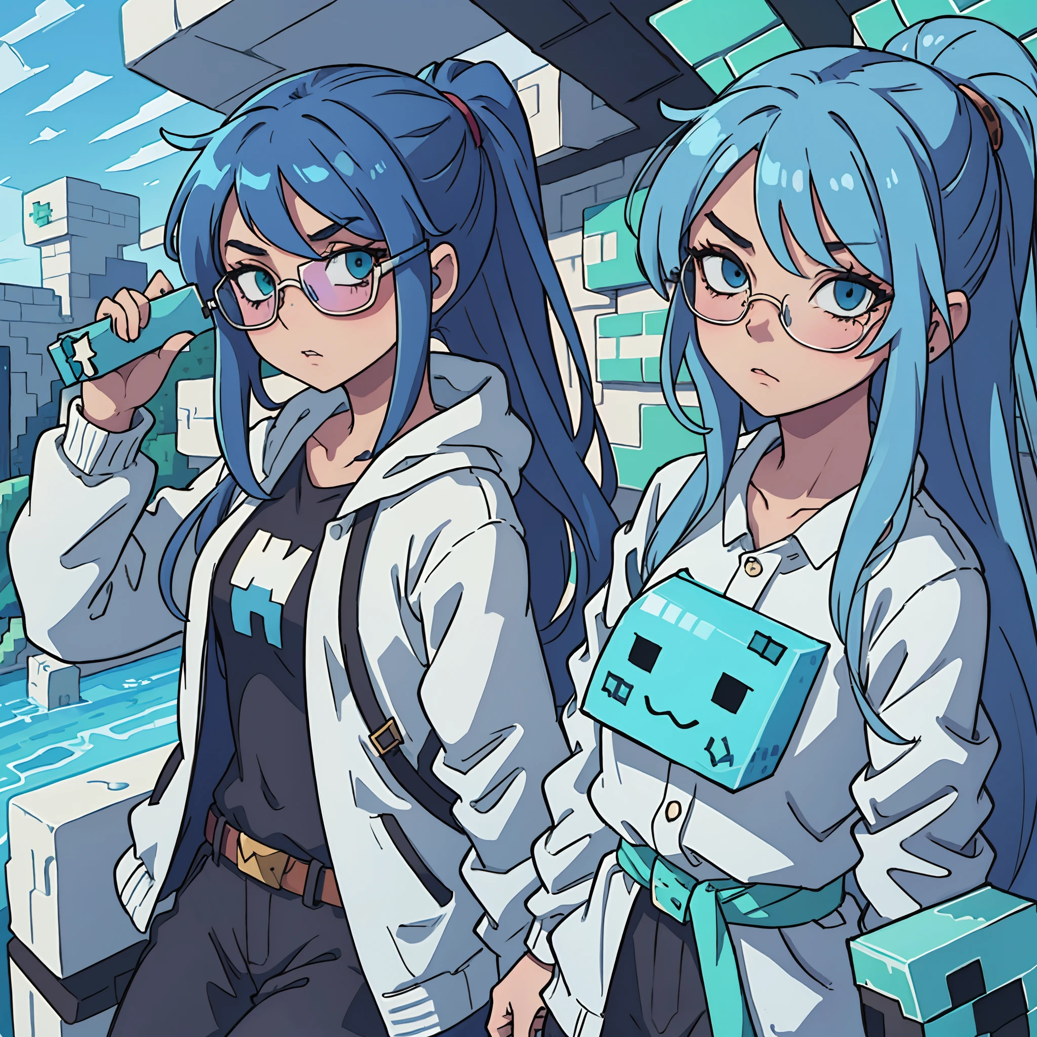 1girl, provocative side eye look, blue long hair, looking at viewer, from waist up, cool sunglasses, hand drawn anime style, holding one blue minecraft slime with sunglasses