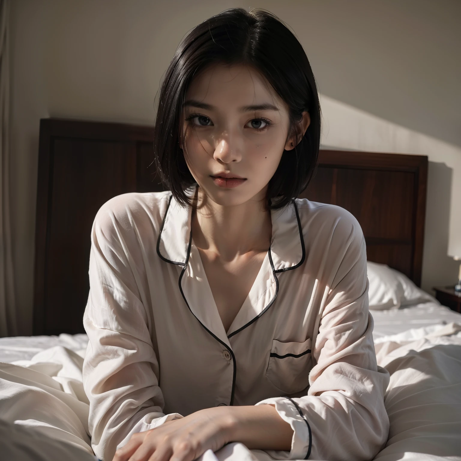 top-quality, ​masterpiece, 超A high resolution, 8K, Unripe, (photographrealistic:1.4), physically-based renderingt, depth of fields, Look at viewers, A slender, (sitting on:1.1), In a luxurious bedroom, detailed beautiful faces, 1 rapariga, cute little, 年轻,, Large black eyes, Black Hair Bob,Pajama luxury, (s Pajamas:1.3),s Pajamas,high-class sense,