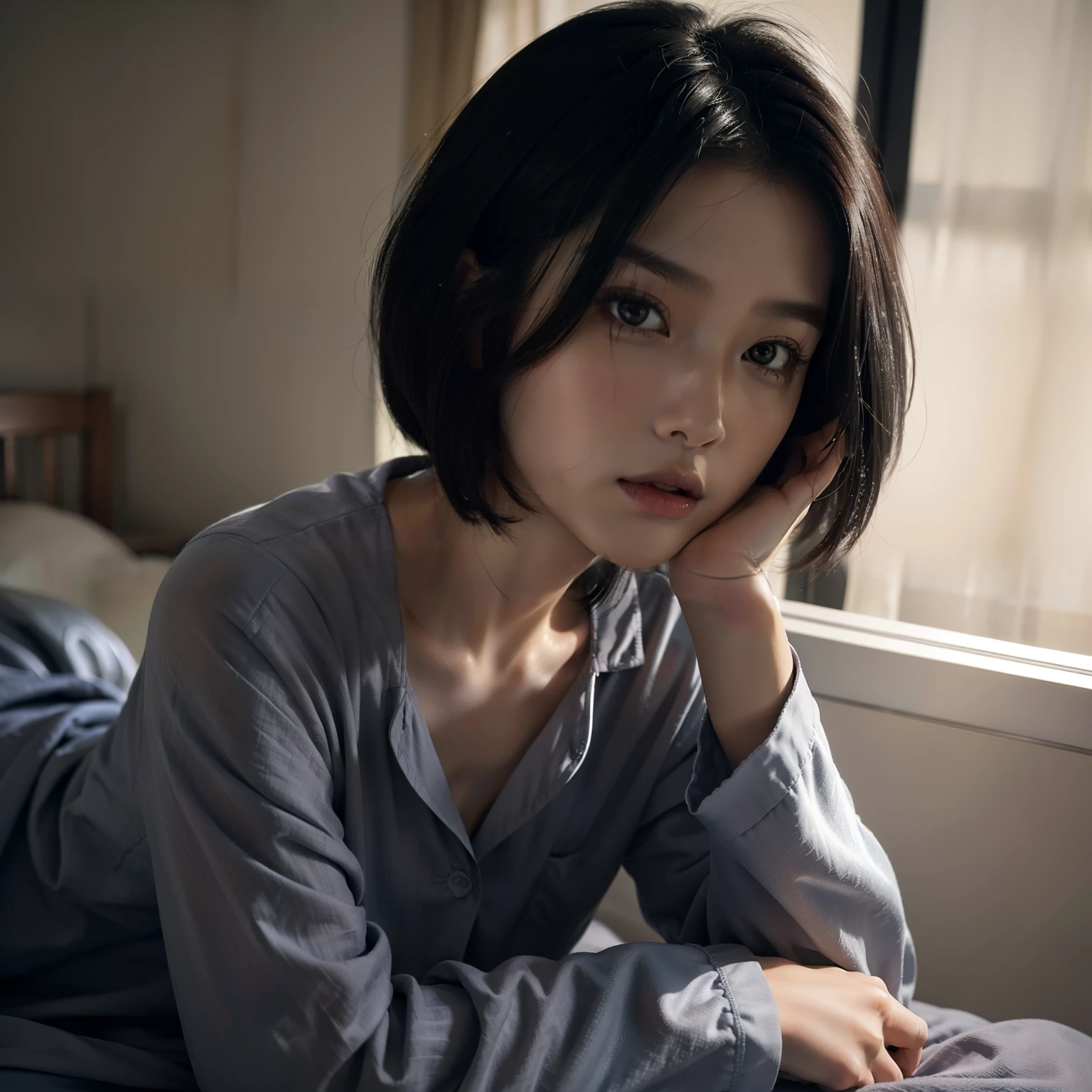 top-quality, masterpiece, 超A high resolution, 8K, Unripe, (photographrealistic:1.4), rendered, depth of fields, A slender, Hospital room, raindrops,Sick gowns,detailed beautiful faces, 1 rapariga, cute little, 年轻,, Large black eyes, Black Hair Bob,patient, (s Pajamas:1.3),