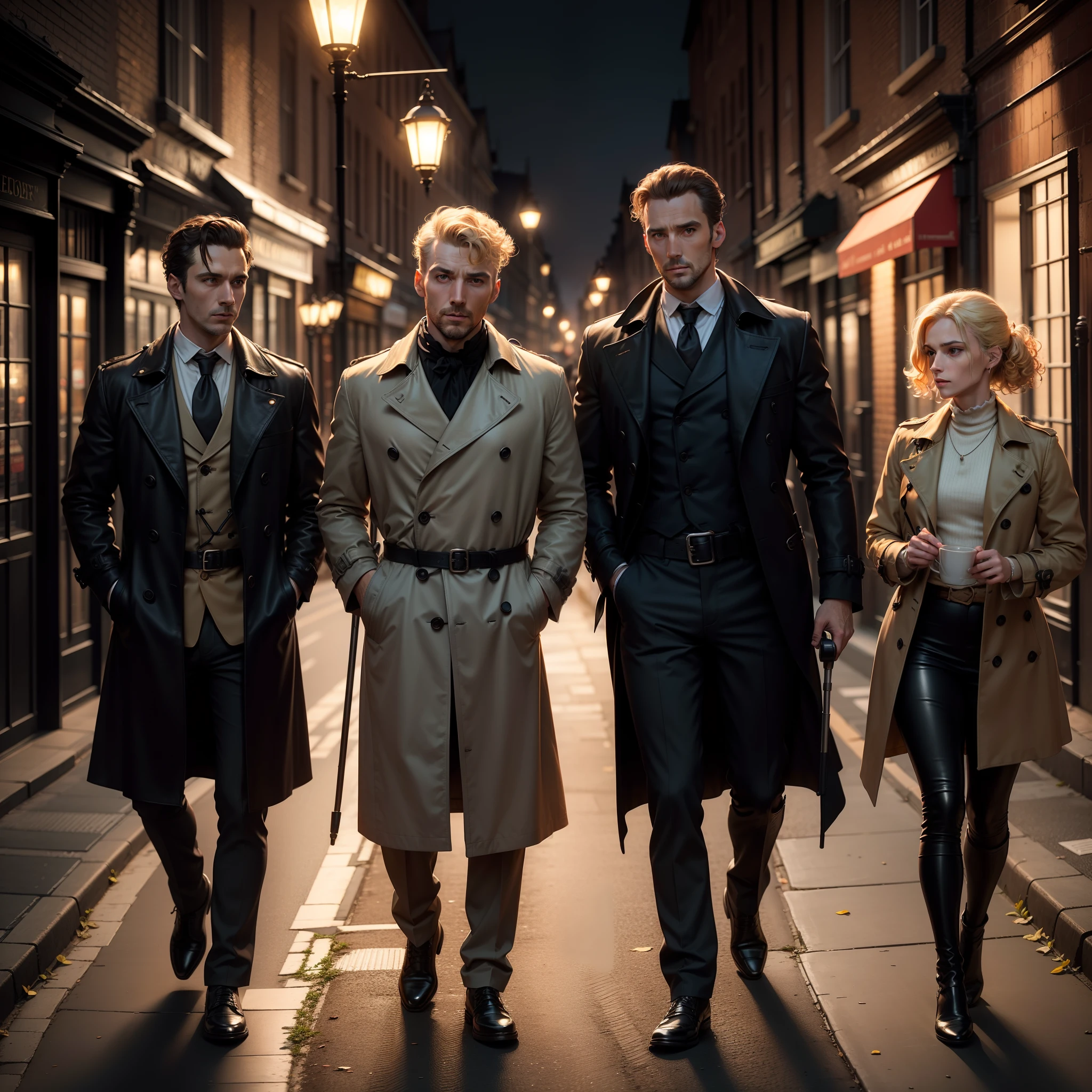 Black velvet leather trench coat with large lapels detective male forty years old Sherlock Holmes blonde curly hair ponytail 19th century London Under street lamp Holding crutches