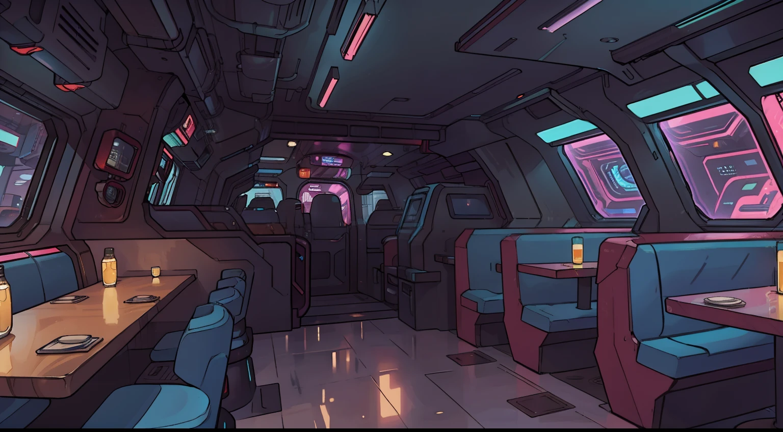 wide shot of a sci-fi, cyberpunk diner, restaurant background with large windows looking out into space