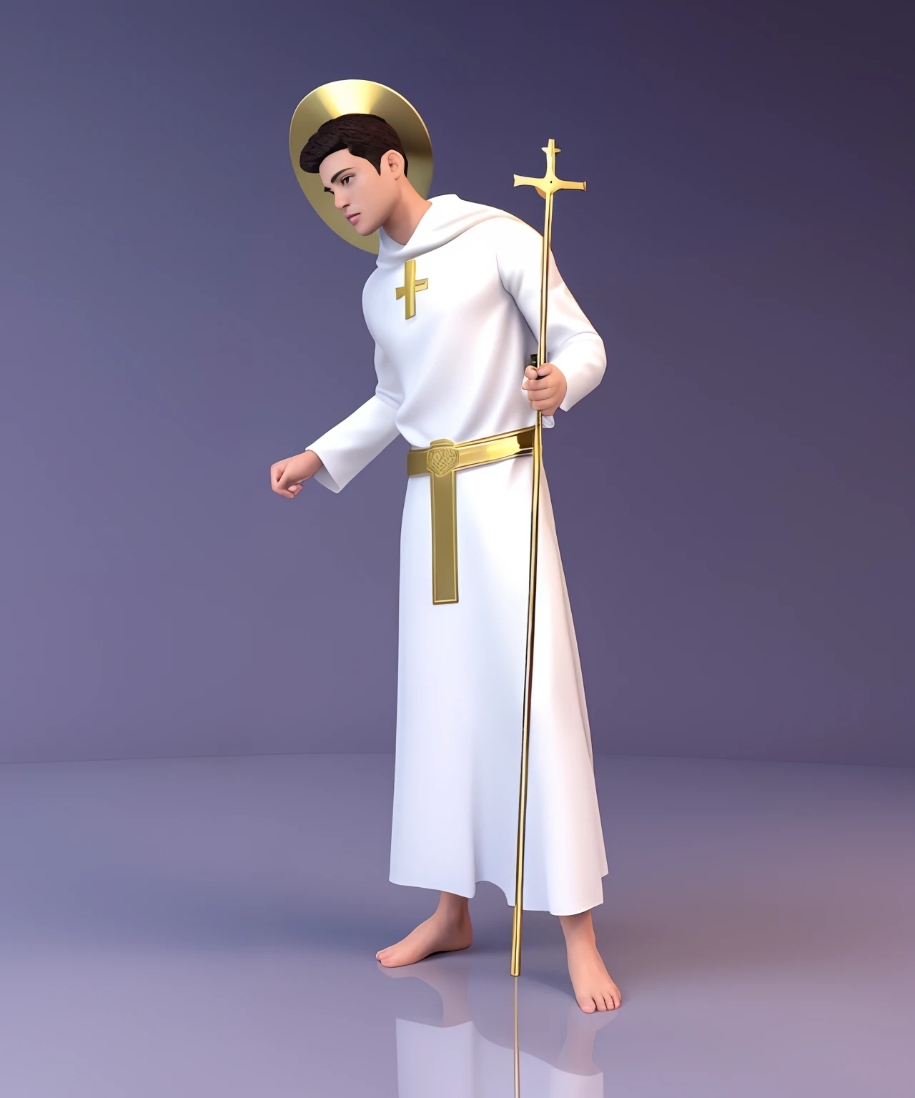 Imagem de um homem vestido com um manto branco e uma cruz dourada, Santo de ouro bonito, Santo ortodoxo, Described as a 3D rendering, render divino, NPC com halo de santo, NPC com um santo\halo do, homem de santo, imagem renderizada, christian saint rosace, santo, picture of a male cleric, cleric, 3 d render stylized