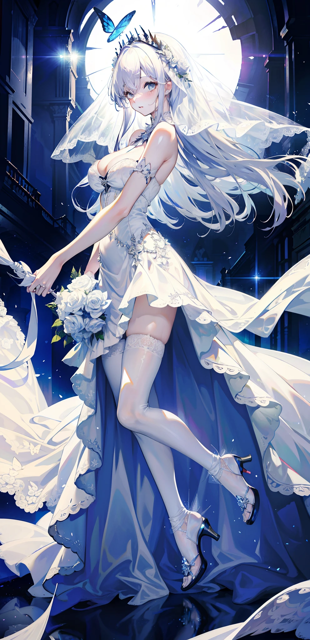 silber hair,butterflys,long whitr hair,white wedding gown,8k wallpaper,detailedbackground,Highest high resolution,deep v big breasts,Hair covers one eye,Bandeau wedding dress,chies,White rose,tight-fitting,