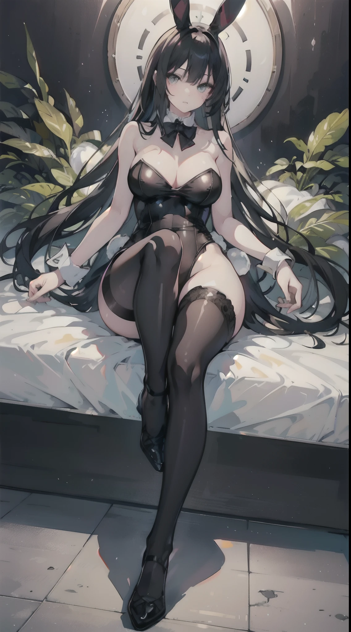 (fullllbody), 1 Bunny Girl, (beautifully detailed eyes), (beautiful and detailed face), Perfect female body, (neat figure:1.2), thick body, Slender waist, (18year old), (Black stockings:1.4), Very big eyes,  (top-quality), (ultra-detailliert), (masuter piece), (hight resolution), (Photorealsitic:1.4), (Dynamic Angle:1.2), (Original), (the Extremely Detailed CG Unity 8K Wallpapers), Character Design, Game CG, Detailed Manga Illustration, Realistic head-to-body size ratio:1.2, anime keyvisual,Glamorous casino lit up,