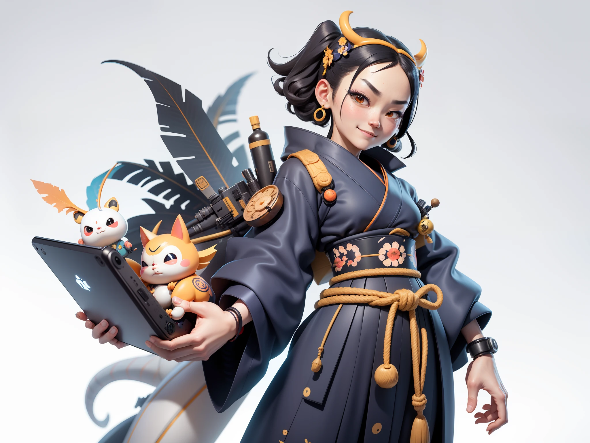 (Daisaku),(Need),(Super meticulous),(full bodyesbian:1.2),Japanese ukiyo-e girl,japanese geisha,Beautiful,Oriental dragon,Aeolian Thor,Raised sexy,爆乳,Oriental face,TV Anchor,Bust portrait illustration,Alone,In black suit,a blue tie,The face is slightly chubby,The face was clean,without a beard,Black super short hair,Black eyes,Smile confidently,3C computer sub-products,iPad, iphone,Digital painting,3D character design by Mark Clairen and Pixar and Hayao Miyazaki and Akira Toriyama,The illustration is a high-definition illustration in 4K resolution,With very detailed facial features and cartoon-style visuals。