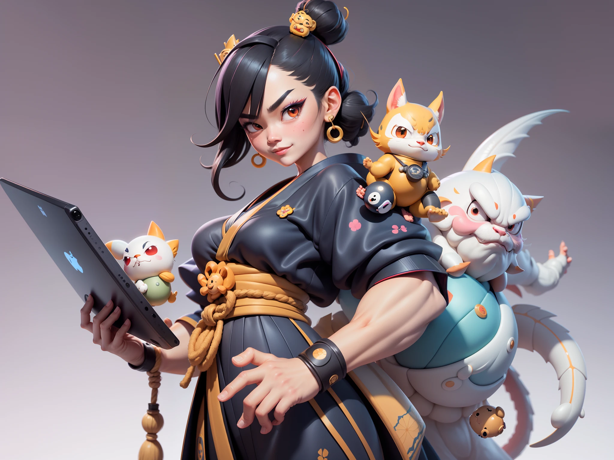 (Daisaku),(Need),(Super meticulous),(full bodyesbian:1.2),Japanese ukiyo-e girl，japanese geisha，Beautiful，Oriental dragon，Aeolian Thor，Raised sexy，爆乳，Oriental face，TV Anchor，Bust portrait illustration，Alone，In black suit，a blue tie，The face is slightly chubby，The face was clean，without a beard，Black super short hair，Black eyes，Smile confidently，3C computer sub-products，iPad， iphone，Digital painting，3D character design by Mark Clairen and Pixar and Hayao Miyazaki and Akira Toriyama，The illustration is a high-definition illustration in 4K resolution，With very detailed facial features and cartoon-style visuals。