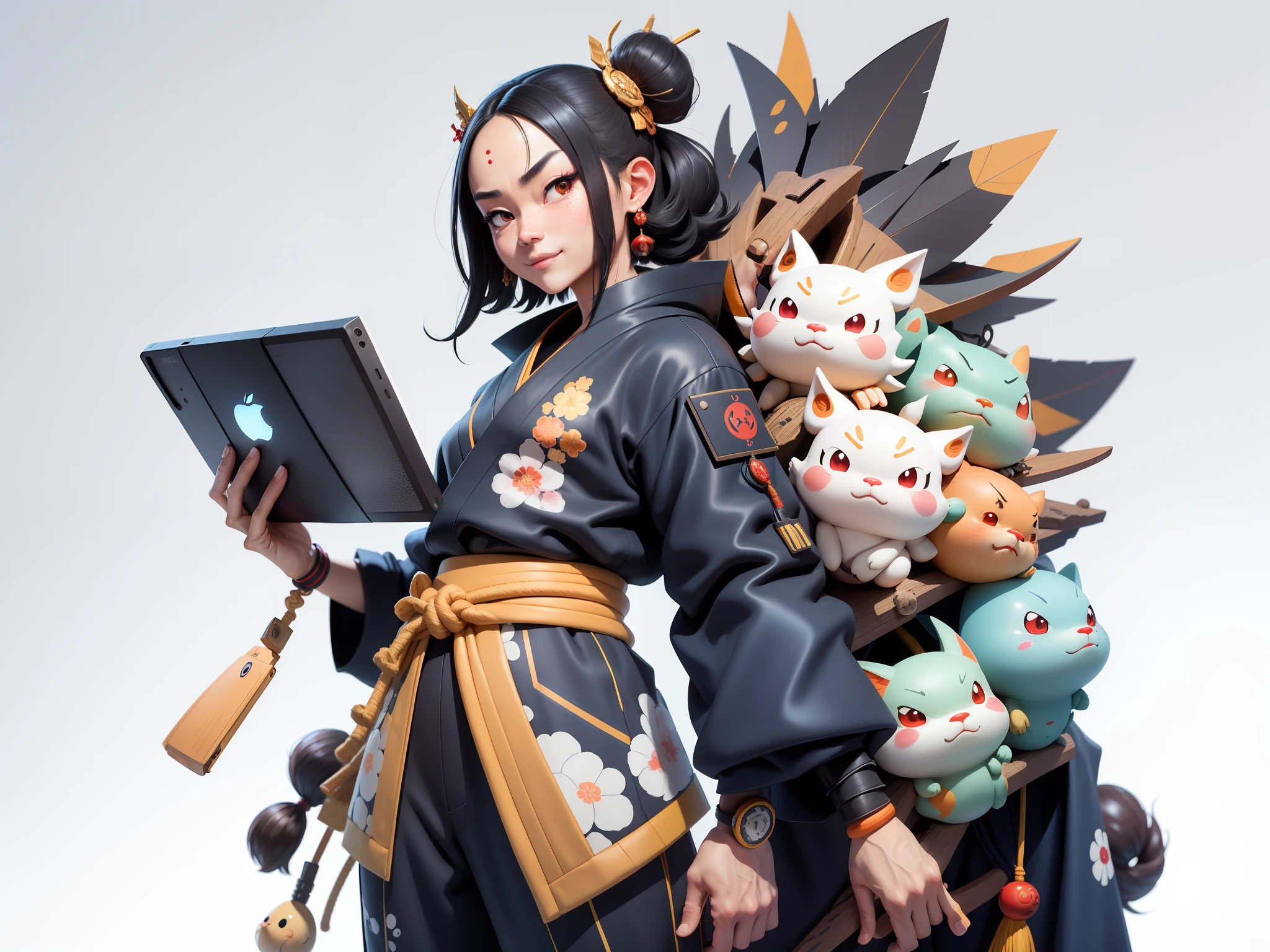 (Daisaku),(Need),(Super meticulous),(full bodyesbian:1.2),Japanese ukiyo-e girl，japanese geisha，Beautiful，Oriental dragon，Aeolian Thor，Raised sexy，爆乳，Oriental face，TV Anchor，Bust portrait illustration，Alone，In black suit，a blue tie，The face is slightly chubby，The face was clean，without a beard，Black super short hair，Black eyes，Smile confidently，3C computer sub-products，iPad， iphone，Digital painting，3D character design by Mark Clairen and Pixar and Hayao Miyazaki and Akira Toriyama，The illustration is a high-definition illustration in 4K resolution，With very detailed facial features and cartoon-style visuals。