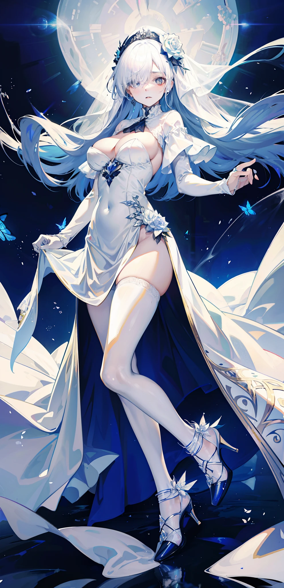 silber hair，butterflys，long whitr hair，white wedding gown，8k wallpaper，detailedbackground，Highest high resolution，deep v big breasts，Hair covers one eye，Bandeau wedding dress，chies，White rose，tight-fitting，